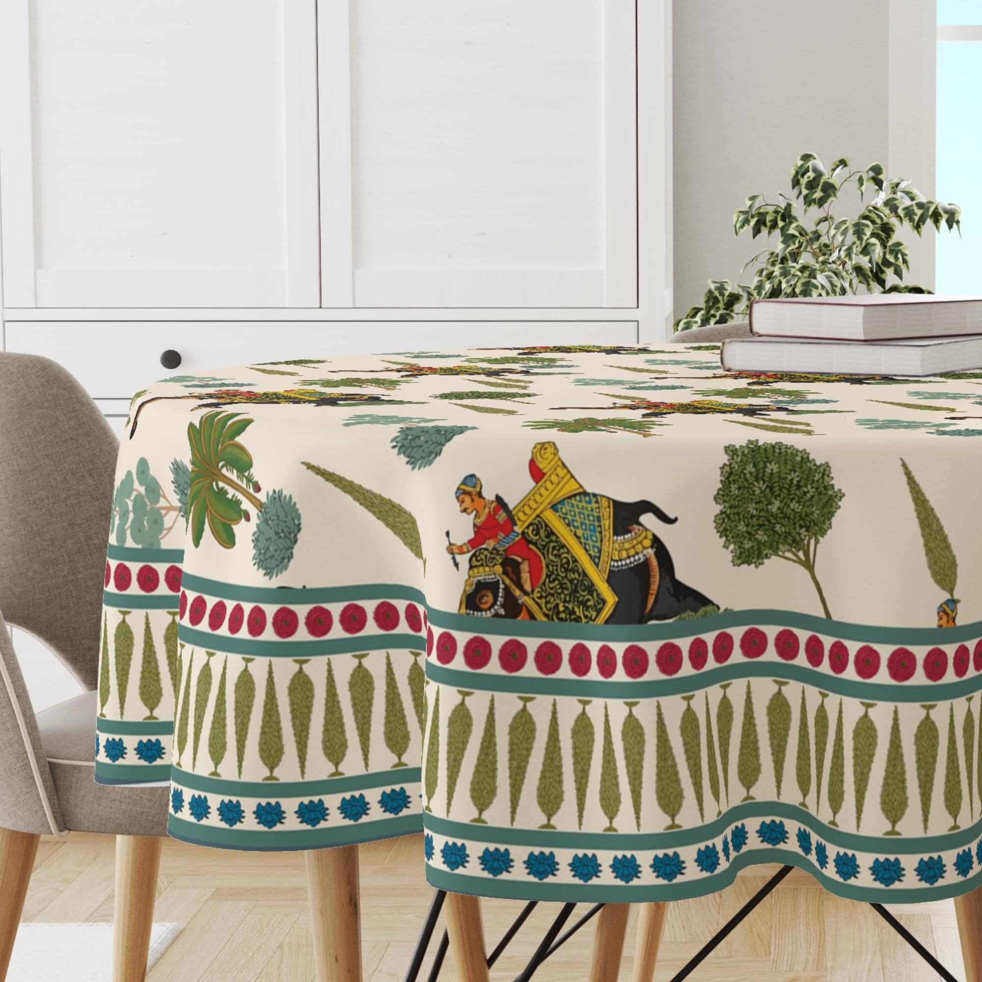 Astitva Premium Cotton 60 Inch Circular Table Cloth | Elephant Design Print Round 4 Seater Table Cover with Designed Border | (60In Dia) - 1Pc