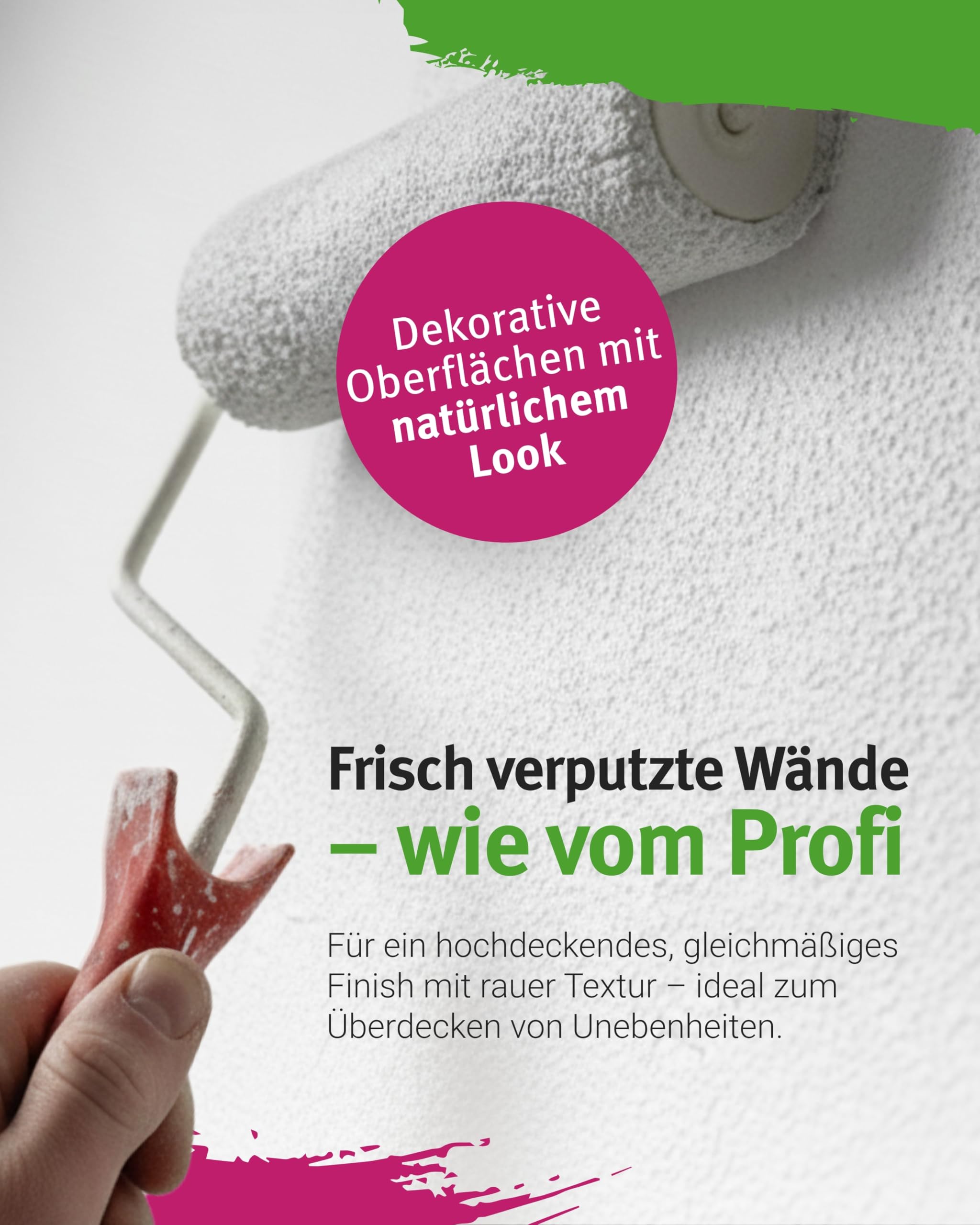Rauer Rollputz für Innen I 24 kg für ca. 40 m² + Spezialrolle 18?cm I 1,0 mm Körnung I Verarbeitungsfertig & streifenfrei wie vom Profi I Atmungsaktiv, schimmelhemmend & lösungsmittelfrei
