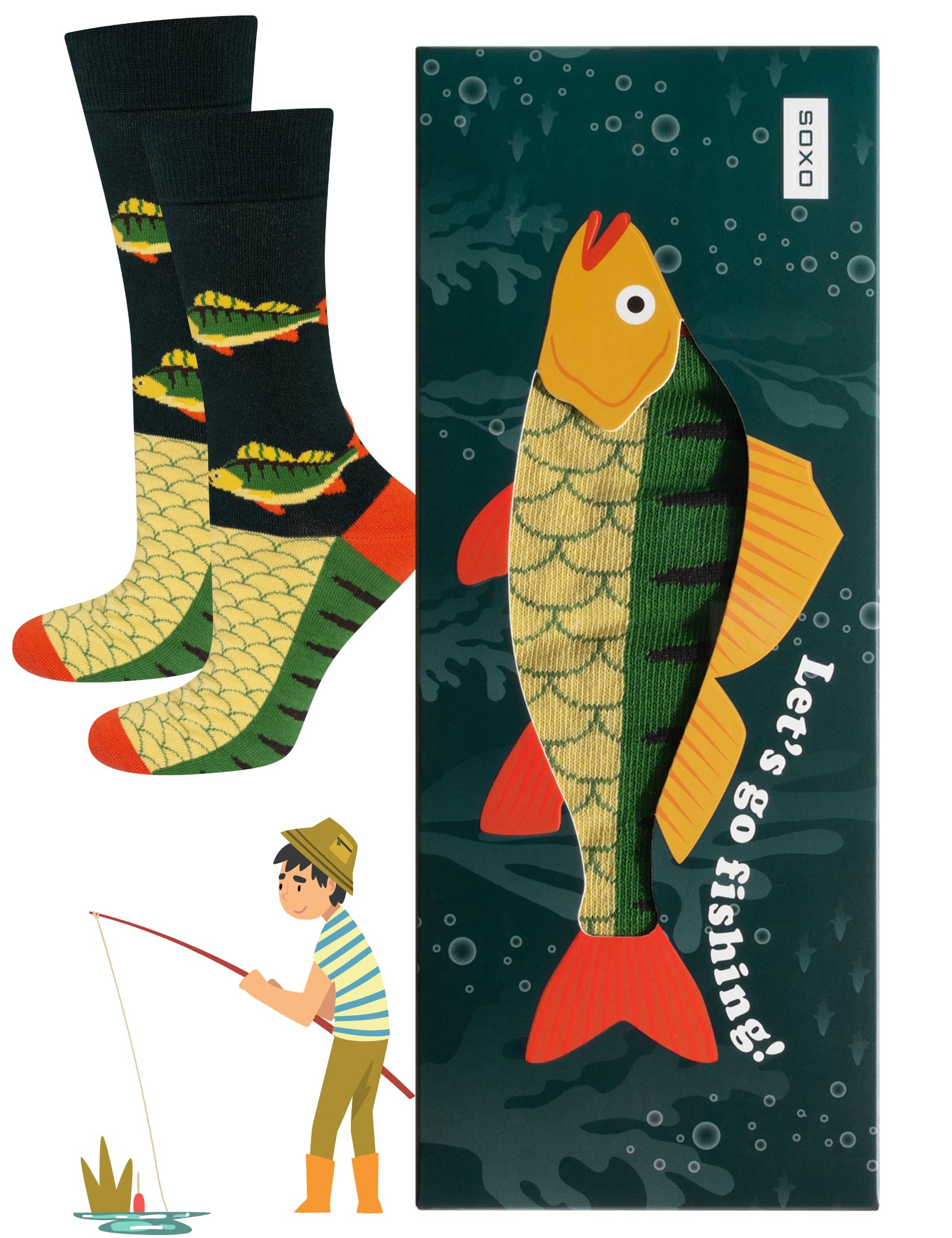 Soxo Unisex Perch Angler Mens Socks Fishing Gifts For Men Women Funny Sock Cotton Funky Ladies Gift Men's Presents Fish 6.5-10.5