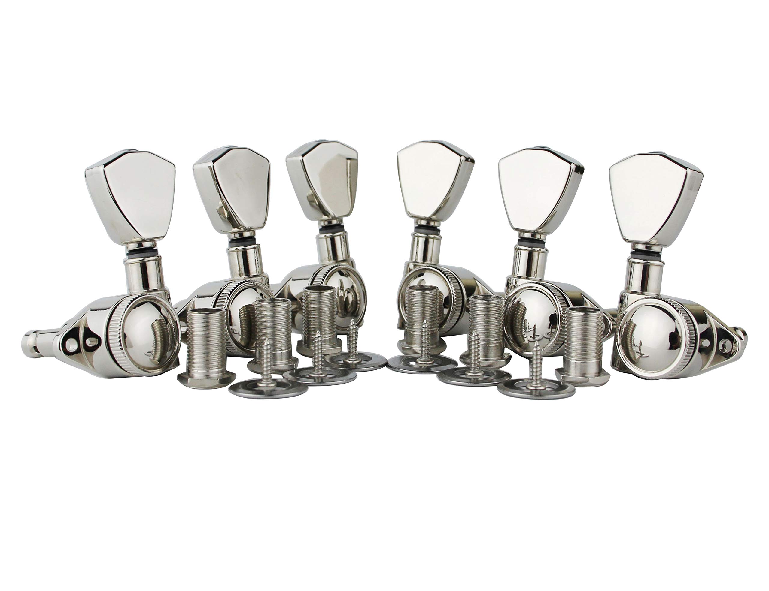 Guyker Guitar Locking Tuners (3L + 3R Handed) - 1:21 Models Rear Lock String Tuning Key Pegs Machine Head with Trapezium Handle Replacement for Electric, Folk or Acoustic Guitars - Nickel