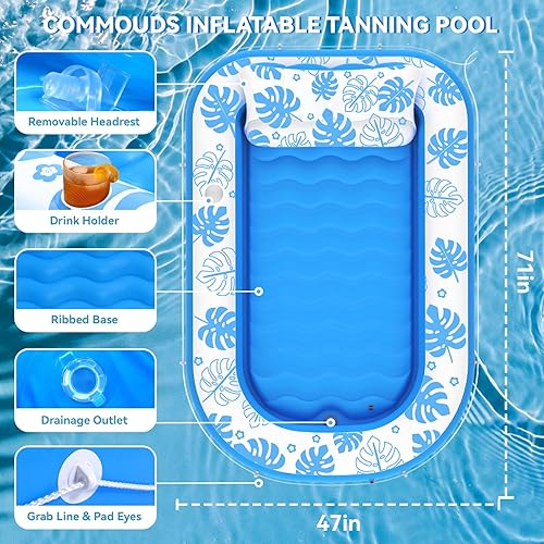 Miniatura 4 de Flotador inflable para piscina de bronceado con almohada cervical, flotadores de piscina para adultos para tomar el sol, patio trasero, fiesta en la