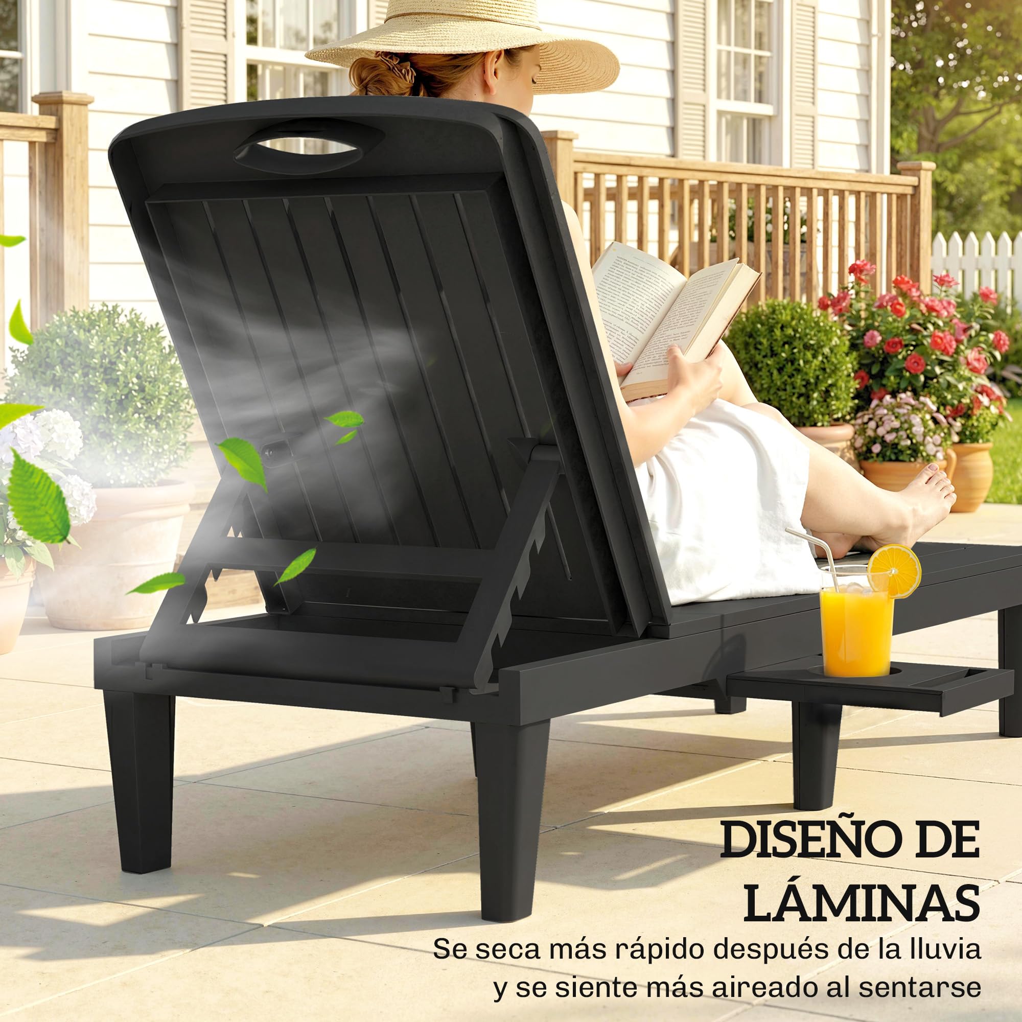 Outsunny Pack de 2 Tumbonas de Jardín Exterior Reclinables de PP, Negro | Bandeja Lateral, Respaldo Ajustable de 5 Niveles, Resistentes a la Intemperie, para Playa, Piscina