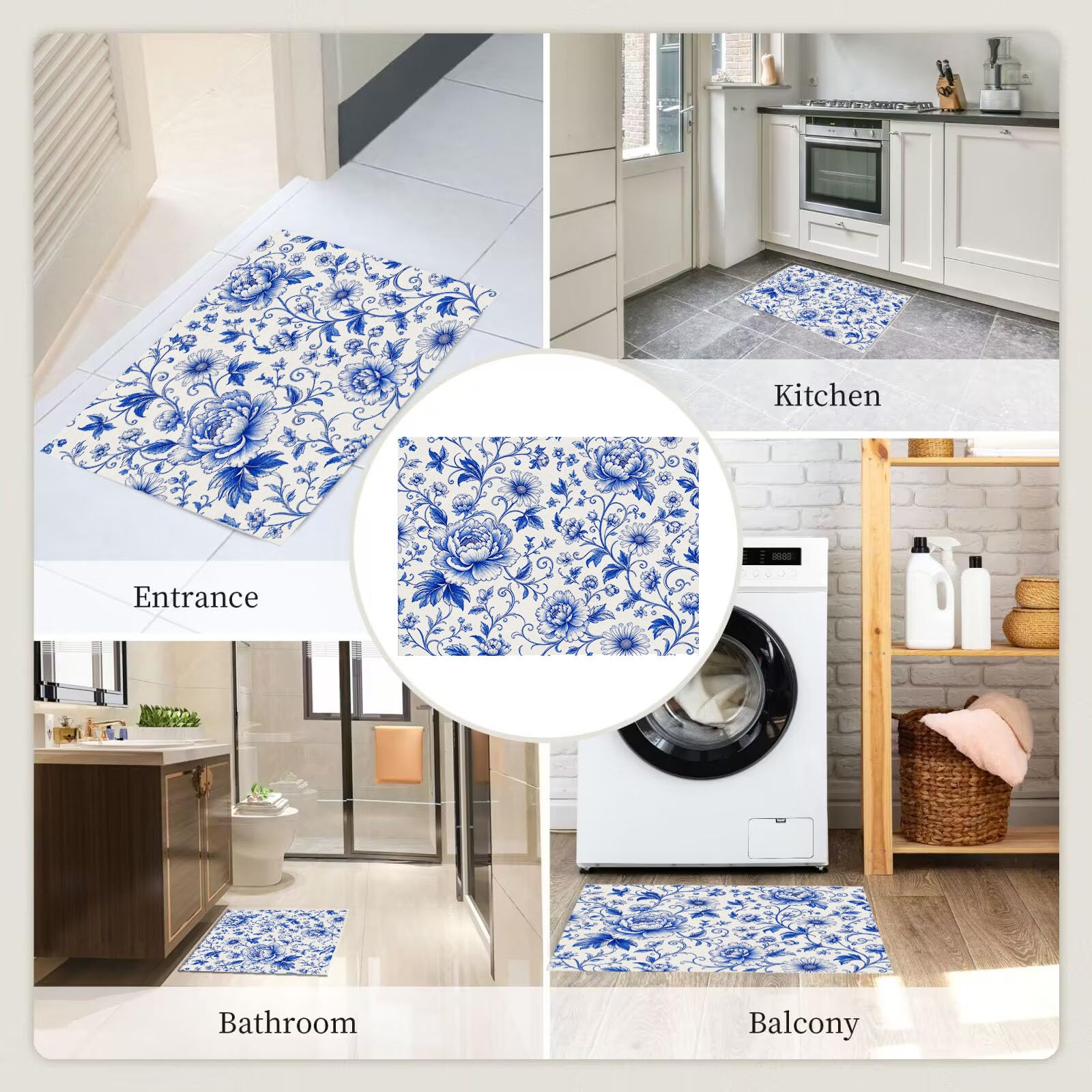 Zerbino Ingresso Interno Peonia Fiori Intrecciati Porcellana Blu E Bianca, Zerbino Di Benvenuto Lavabile Morbida Italiano Retrò, Antiscivolo Tappeto Da Decorazioni Blu Per Casa Porta, 60X90Cm