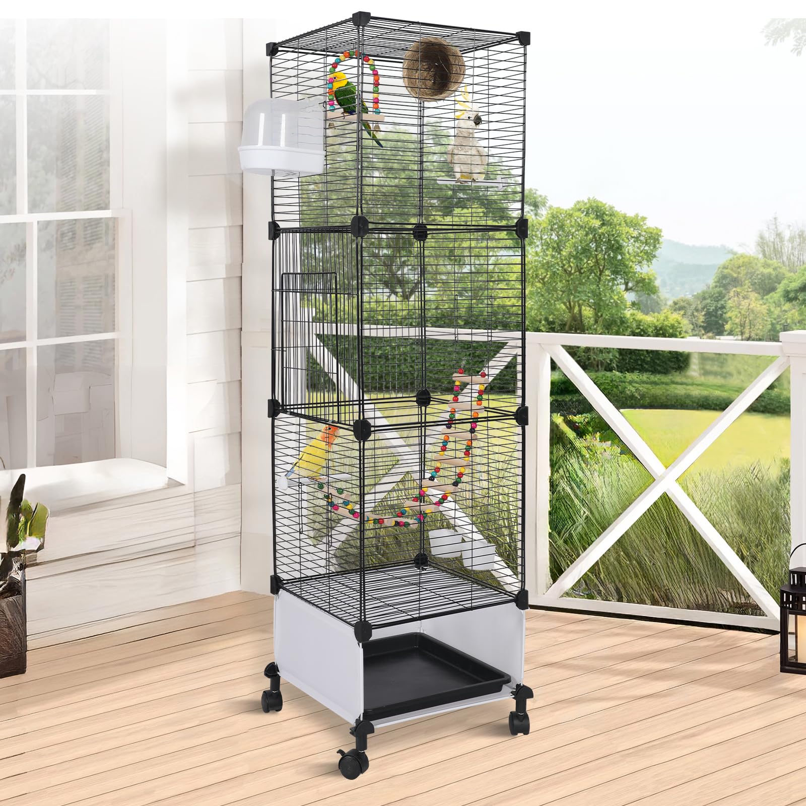MSFE Jaula de Aves Grande, 130x37x37cm Jaula para Loros con ruedas, Jaula para Pájaros Voladera Interior con columpio, percha, para periquito, calopsitte, conure, pinzón, canario