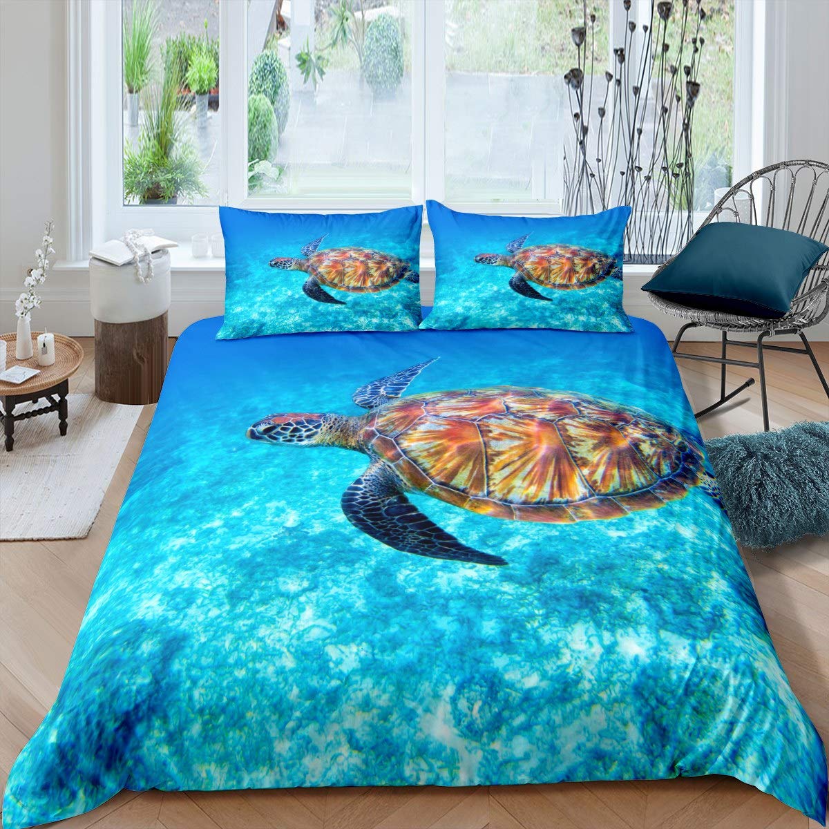 Homemissing Sea Turtle Duvet Cover 3D Reptile Printed Bedspread Cover Chic Blue Ocean Marine Bedding for Children Underwater Animal Pattern Bedspread Cover Room Decor Bedding Collection Double Size
