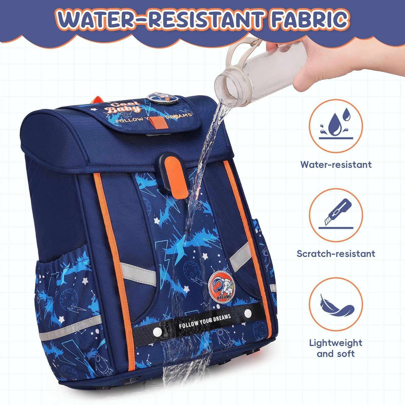 Amythe Set di Zaini 4 Pezzi | Zaino Ergonomico con Cintura Rimuovibile e Strisce Riflettenti, Zaino per Ragazzi 1-5° Anno Primaria, Tema Spazio
