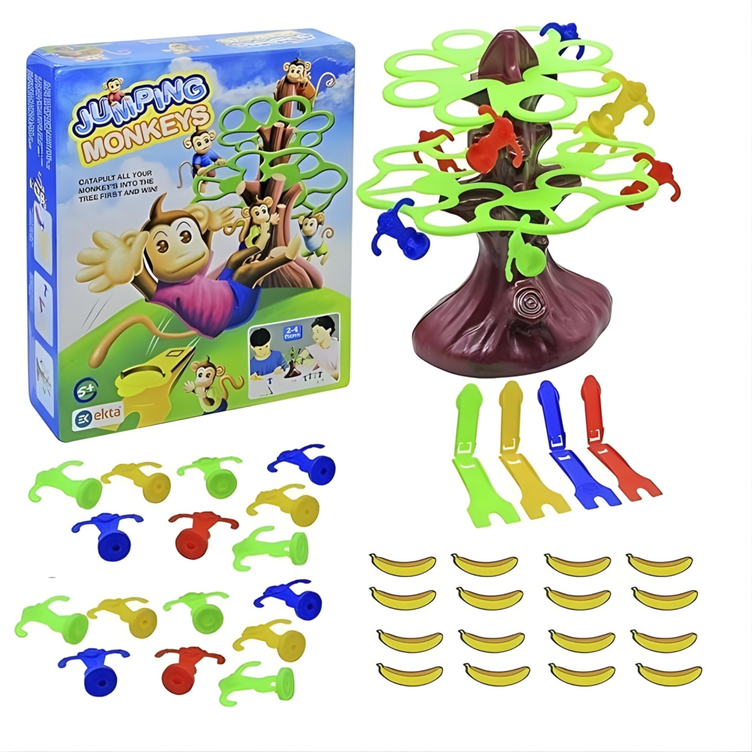 BKDT Marketing Jumping Monkey Big Board with - 1 Tree, 1 Circle of Leaves, 1 Small Circle of Leaves,16 Monkeys,16 Bananas, 4 catapults or Shooters Family Game - 2 to 4 Players Game-picture-23
