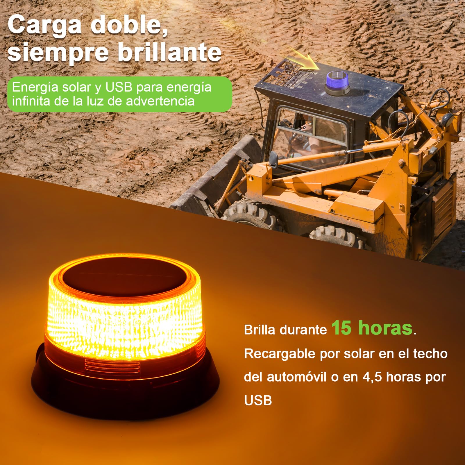 Energía Solar Rotativo Luz LED Estroboscópica Batería con Cable USB de 1,4 metros, Recargable Amarillo Luz de Emergencia para Carretilla Elevadora Tractor Remolque Quitanieves