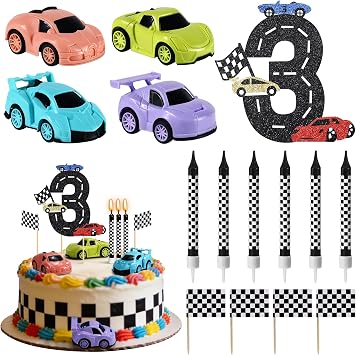 3rd Race Car Cake Topper, 15 PCS Race Cars Birthday Decoration, Checkered Falg Birthday Candles for Racing Car Theme Party Decoration Number 3
