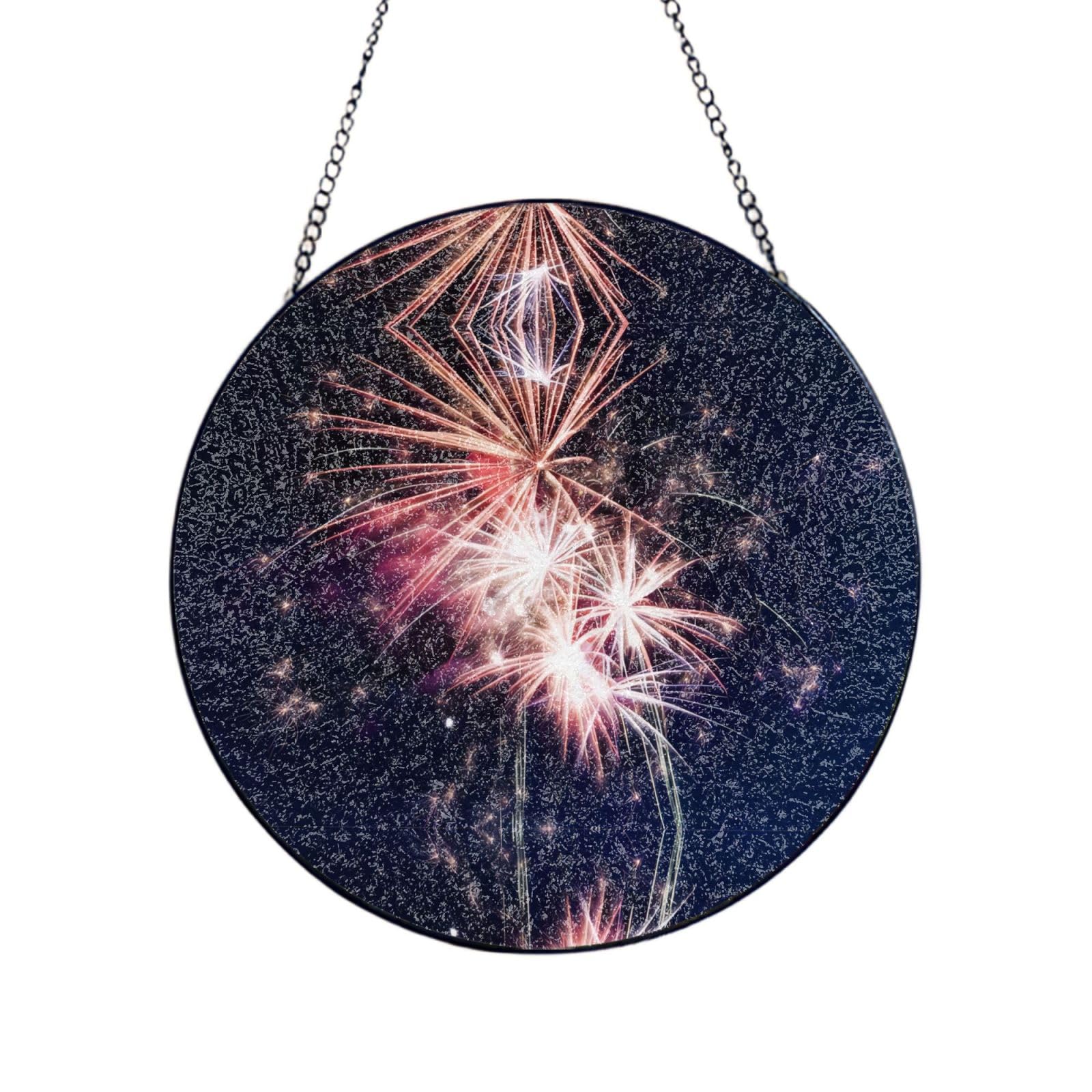 Phayah Explosion Firework Print Stained Glass Window Hanging Suncatcher For Door Terrace Garden Home Decor Sun Catcher Birthday Gifts For Lovers Dad Mom 8in（20cm）