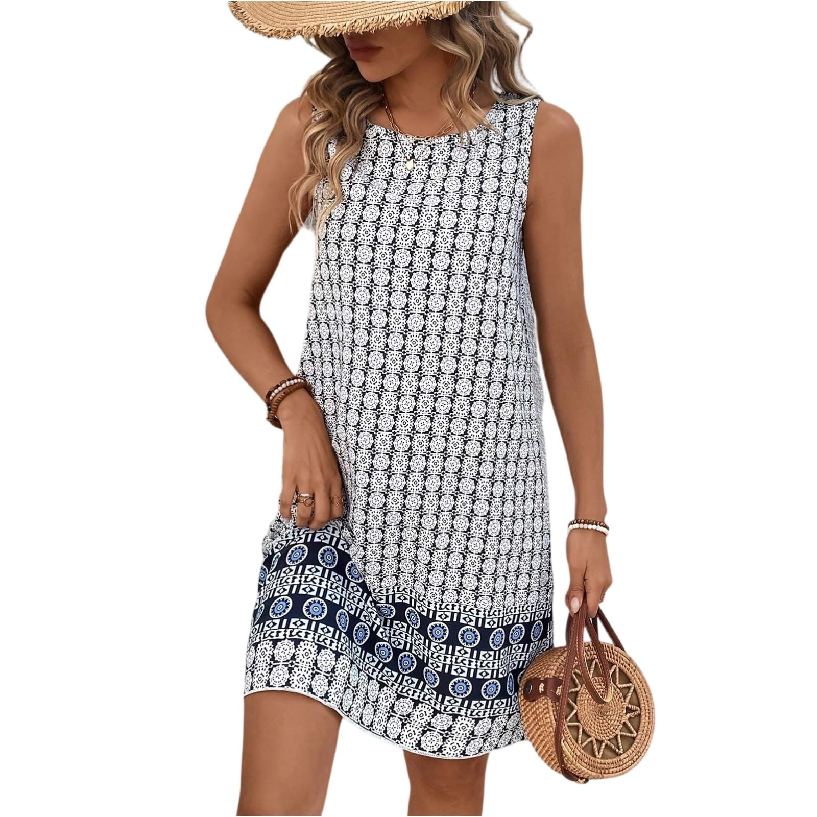 Damen Kleider Sommer Ärmellos Knielang Boho Sommerkleid Damen Leicht A Linie Elegant Sommerkleider Leicht Und Luftig Bohemian Kleid Knie Lange Rundhals Strandkleid Luftig Sommer Damenkleider