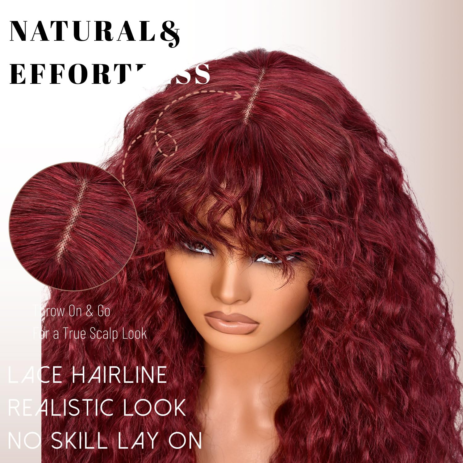 Lizzy 18Inch Curly Human Hair Wigs for Women with Bangs Bouncy Natural Curly Wig 180% Density Long Kinky Curly Hair for Daily Use (Burgundy) - Image 4
