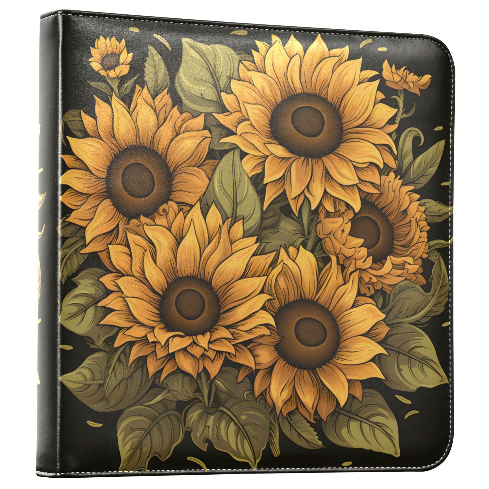 JIPONI Sunflowers3 Large Photo Album, DIY Leather Cover Scrapbook Albums for 4x6 5x7 6x8 Pictures, Self Adhesive Memory Book for Wedding, Baby, Family