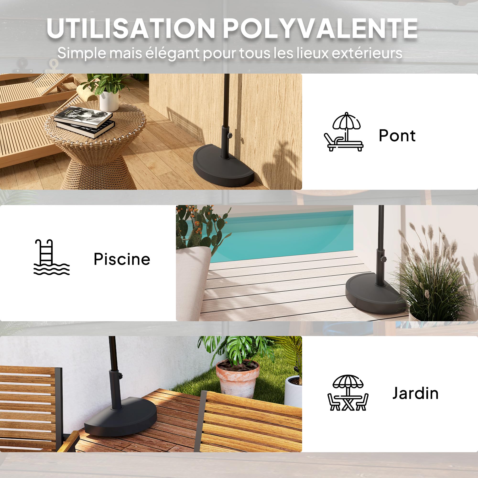 Outsunny Pied de Parasol 9 kg, Support Parasol en résine pour mât de 32, 38, 48 mm, Base de Parasol pour terrasse Piscine Patio Jardin, 49 x 31 x 33 cm, Noir