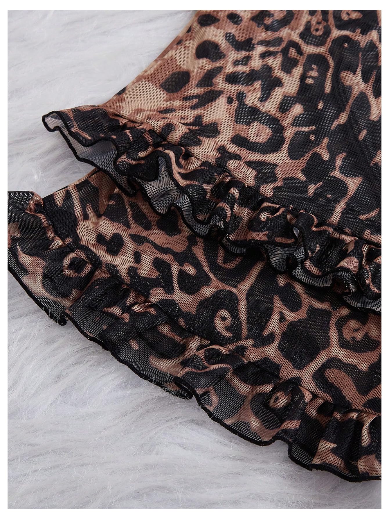 BEAUDRM Women's 2 Piece Sexy Mesh Sheer Pajama Set Leopard Print Ruffle Trim Cami Top and Pants Sleepwear Cheetah Print Pjs: Medium Brown