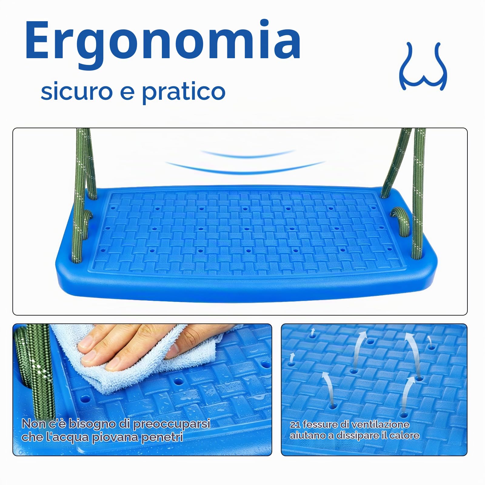 Altalena per esterni, sedile dell'altalena in plastica antiscivolo con corda regolabile (1,3m-2m) e 2 moschettoni, per parco giochi all'aperto, altalena da giardino, per adulti, blu/100 kg