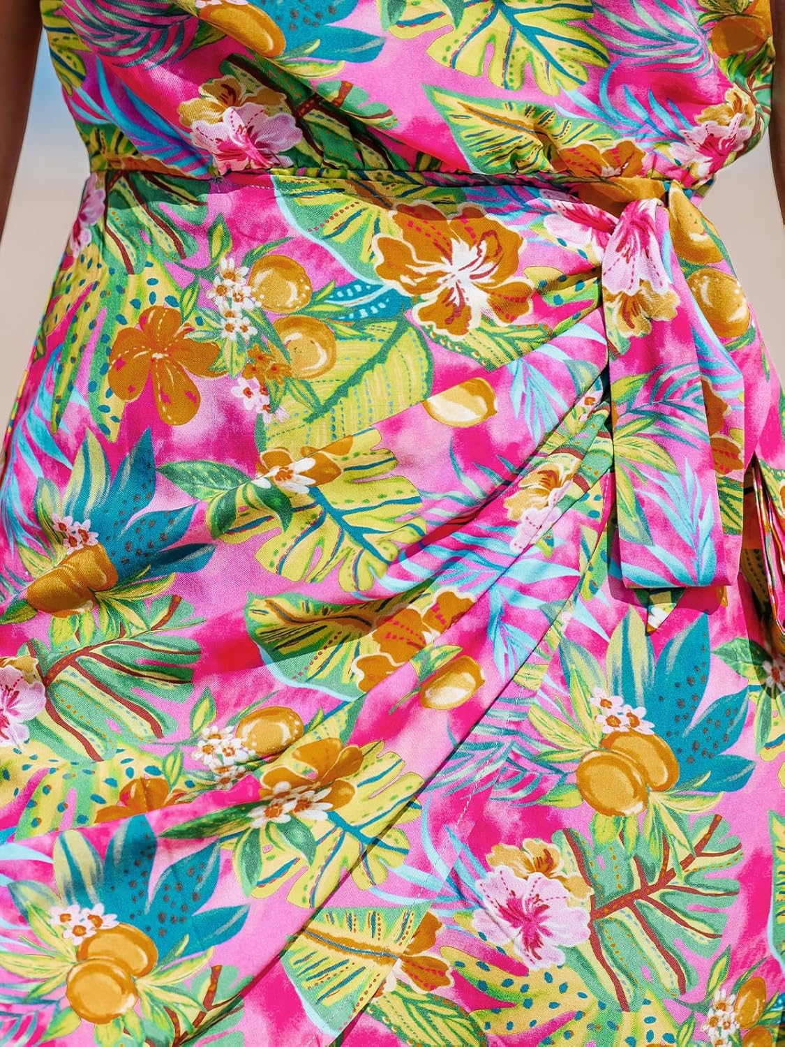 CUPSHE Women's One Shoulder Leaf Print Self-tie Short Dress Sleeveless Tiered Hem Formal Dress Casual Mini Dress - Image 6