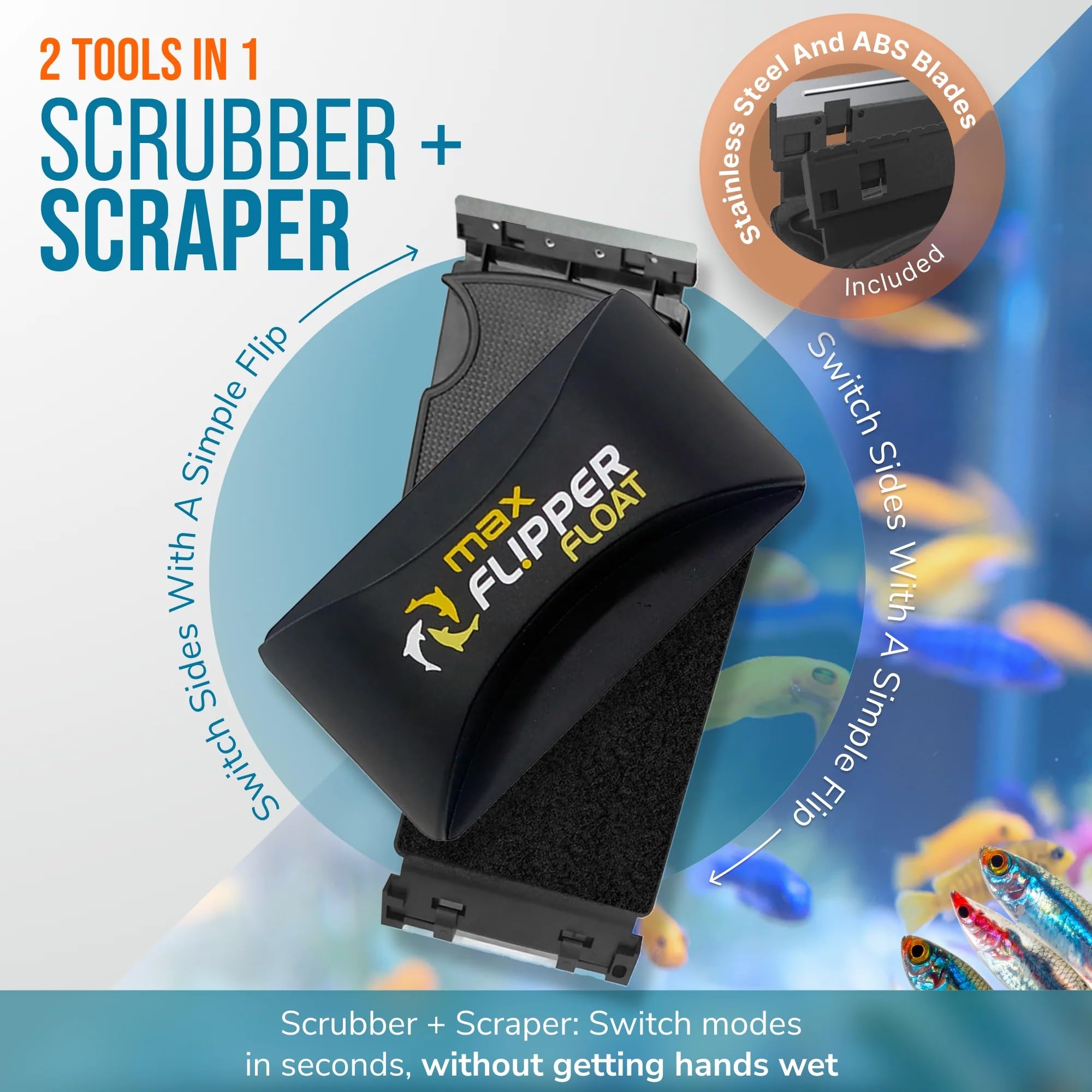 FL!PPER Flipper Cleaner Float - Limpiador magnético Flotante 2 en 1 para Cristales de Acuario, Tanque de Peces, Limpiador y raspador, Herramientas de Limpieza de acuarios, Tanque de Peces, MAX