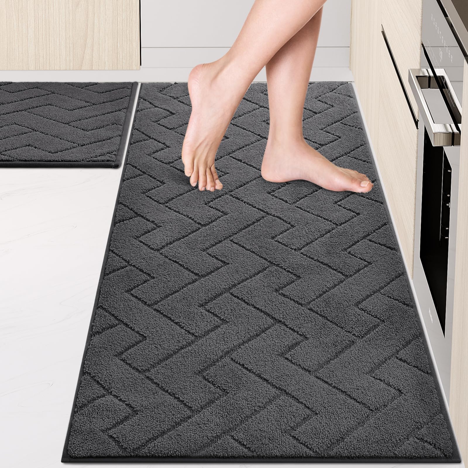 anllugs Machine Washable Kitchen Rugs Set (24" x 36"+24" x 60"), Non-Slip Kitchen Runner Rugs Mats for Floor, Absorbent Comfort Standing Mats for Kitchen, Sink and Hallway, Rolled Packaging, Charcoal