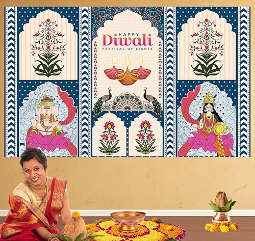 Miniatura 4 de IndoTribe, Cartel Happy Diwali Laxmi Ganapati - Decoraciones Diwali de 72 x 44 pulgadas para el hogar | Fondo de Deepavali | Decoración india para