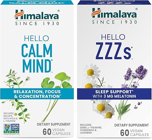 Himalaya Hello Calm Mind con Bacopa para relajación, concentración y concentración y Hello ZZZs con melatonina para apoyo al sueño, 60 cápsulas cada