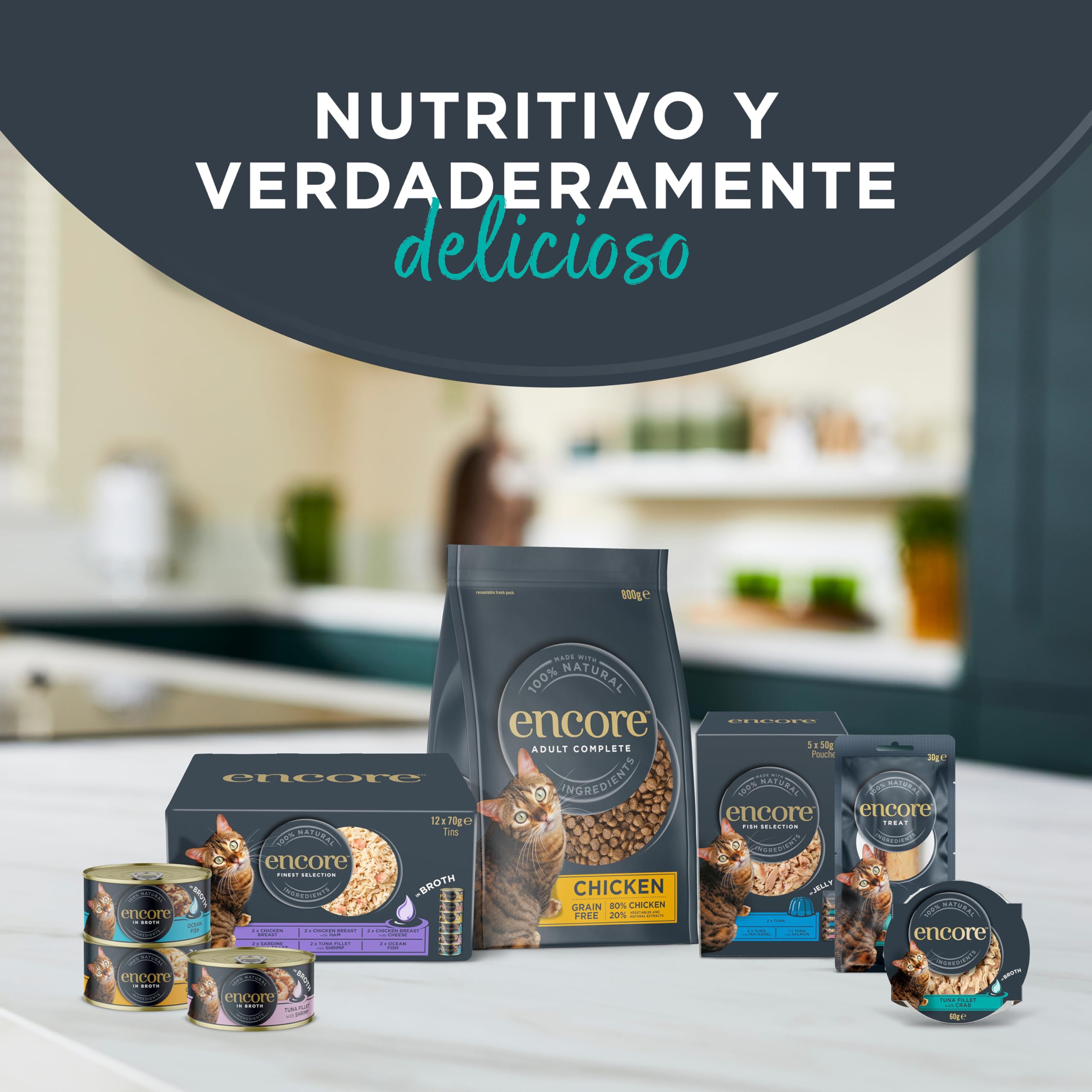 Encore Comida Húmeda Natural Gatos, Multipack de Selección de Pescado en Caldo para Gatos Adultos, Paquete de 48 Latas de 70 g
