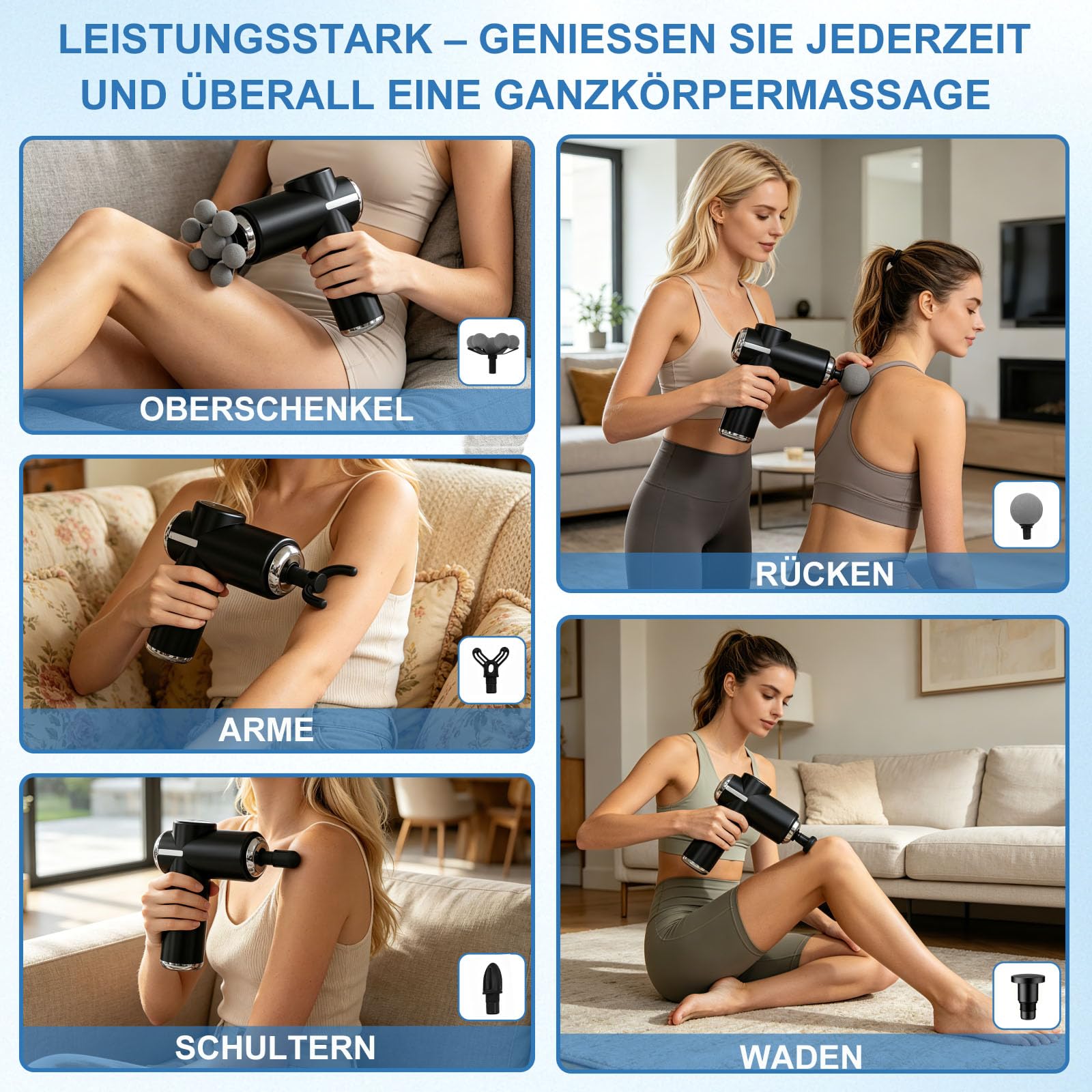 Tiefengewebe-Massagegerät, Muskelmassagegerät mit 6 Geschwindigkeitsstufen und 5 Massageköpfen, tragbares, leises Massagegerät zur Entspannung von Körper, Rücken und Schultern (Schwarz)