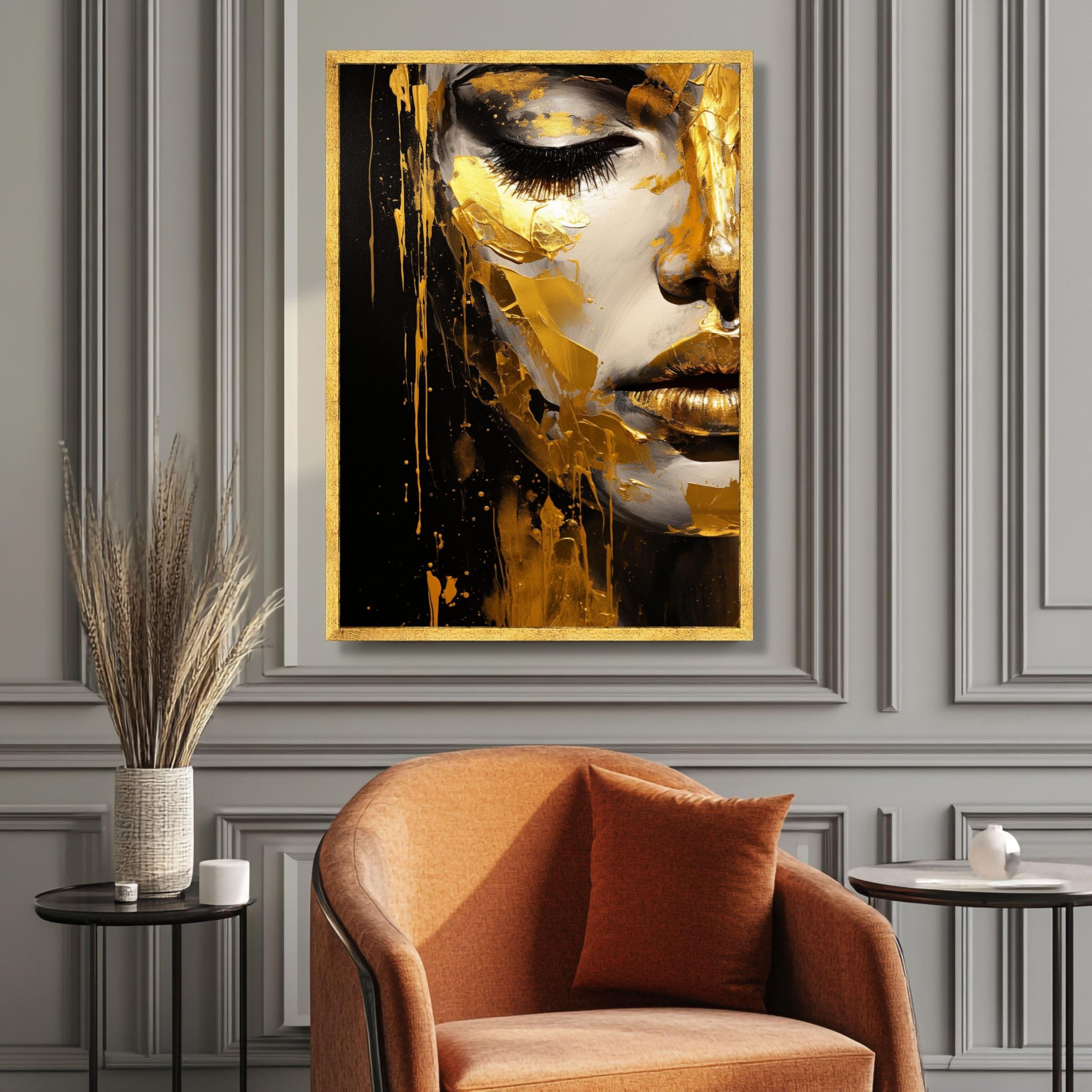 Toile abstraite visage doré d'exception, portrait feuille d'or - 8