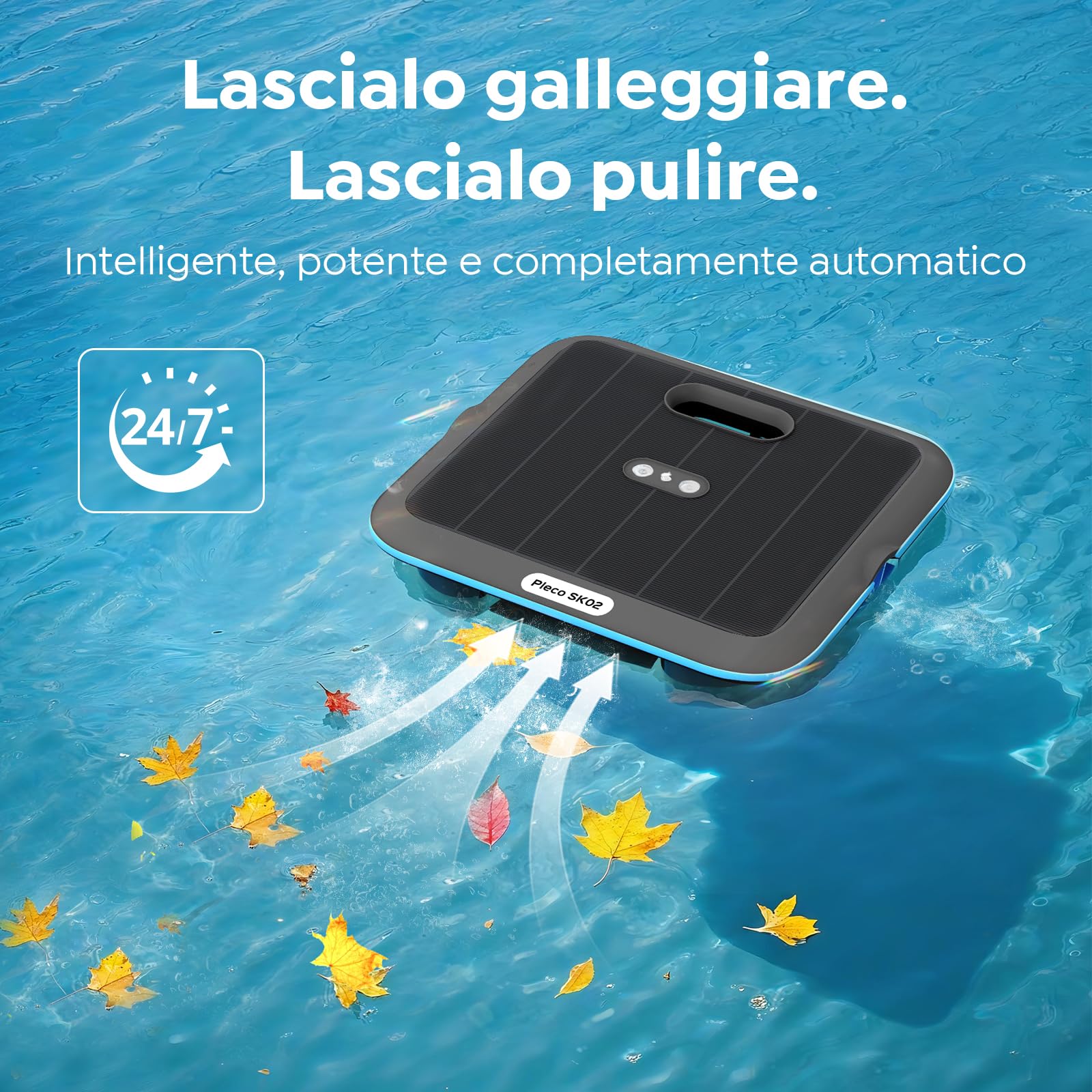 (Upgrade 2026) Pleco SK02 Skimmer Solare Robot per Piscina, Doppia Ricarica, Sensore Temperatura, Robot Piscina Skimmer con Controllo App, Pulitore per Piscina Skimmer Automatico 24/7