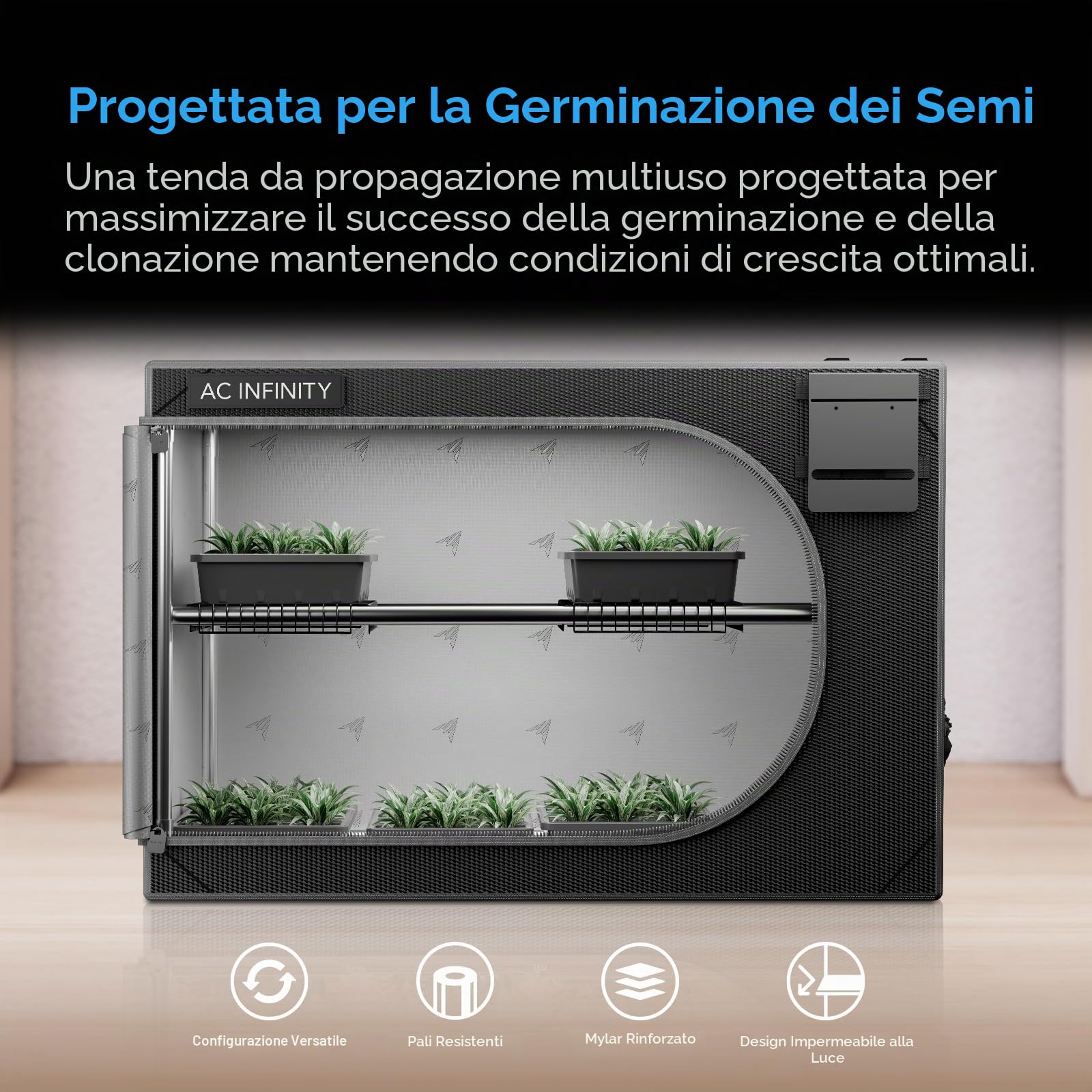 AC Infinity CLOUDLAB Tenda da coltivazione a propagazione avanzata, tela Mylar diamantata 2000D, mini tenda con orientamento verticale o orizzontale per germinazione, clonazione, funghi, coltivazione
