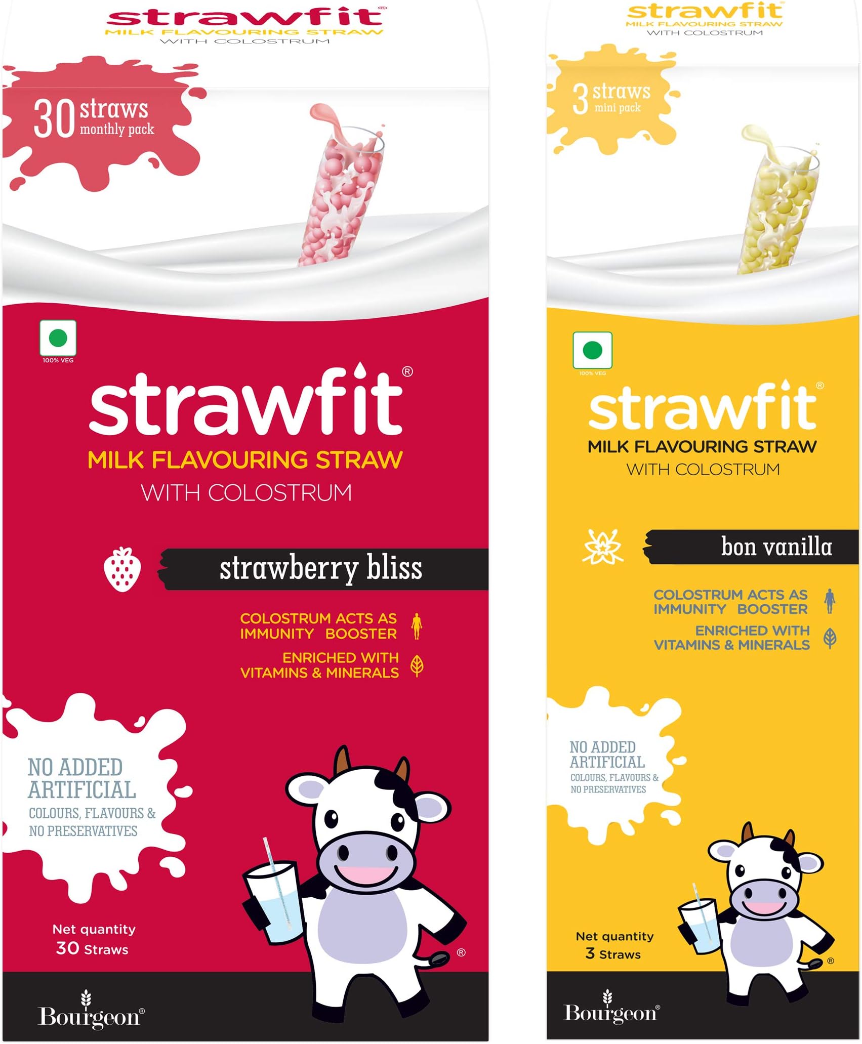 Strawfit Vanilla Milk Flavoring Straw, Kids, 33 Straws, Pack 2 | With Colostrum, For Immunity, Health And Nutrition, Strawberry Bliss and Bon Vanilla