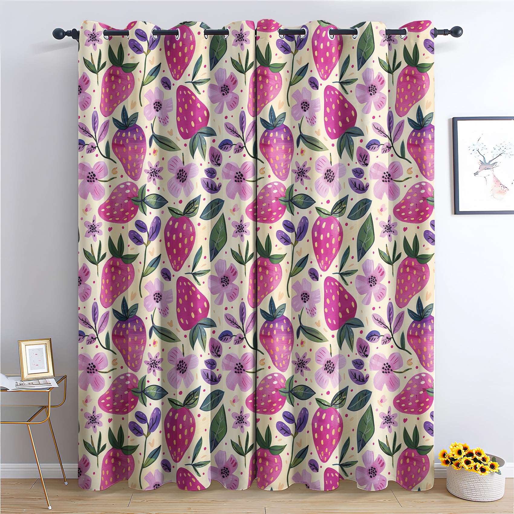 Generisch Vorhänge Erdbeere - Mädchen Floral Obst Fenster Gardinen mit Ösen, Vorhang Blickdicht Verdunklungsvorhänge Thermovorhang für Wohnzimmer Schlafzimmer Deko 2er Set, H 137 x B 117 cm I-#143