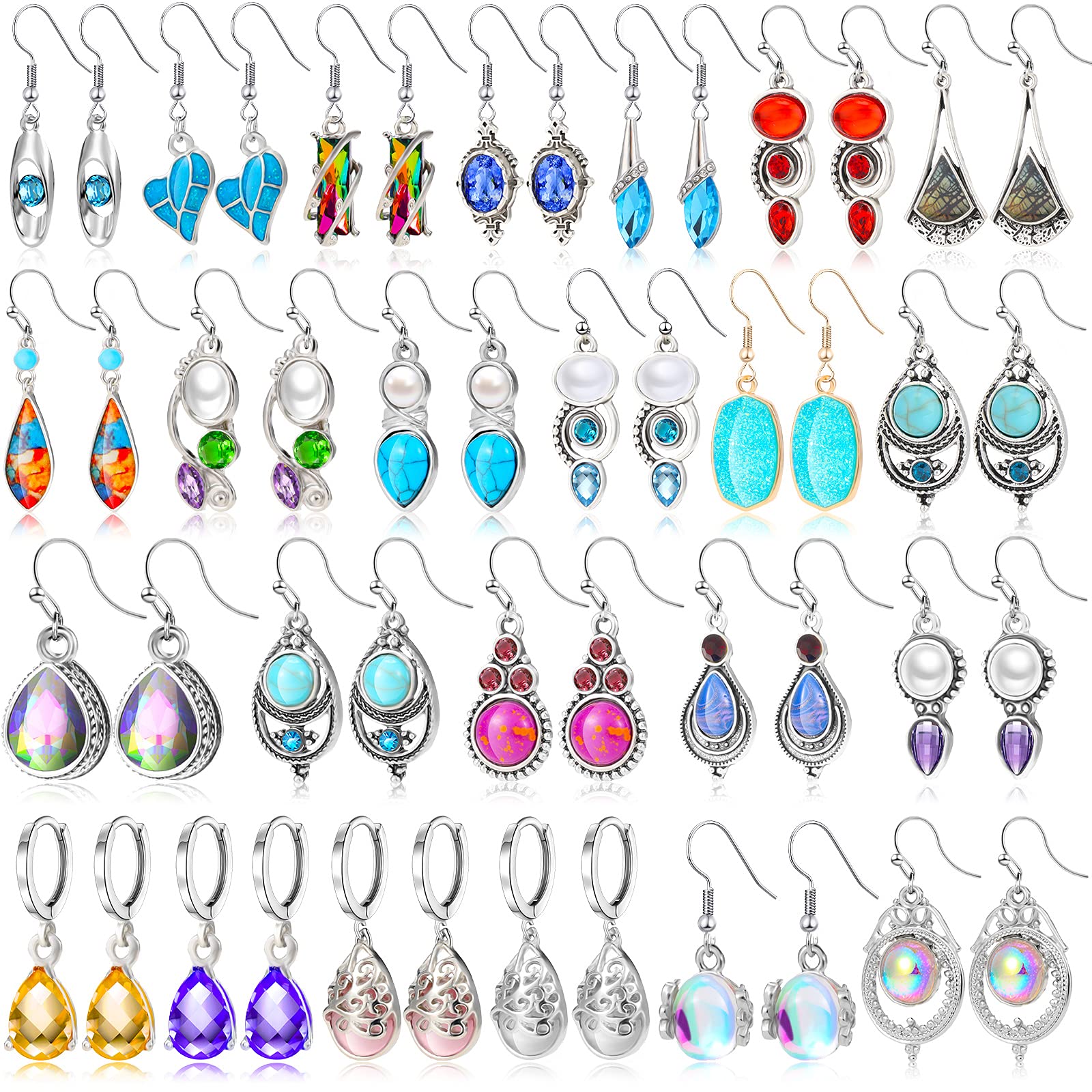 Yaomiao24 Pairs Crystal Teardrop Dangle Earrings Cubic Zirconia Hoop Earrings Boho Threader Earrings Set for Women Girls