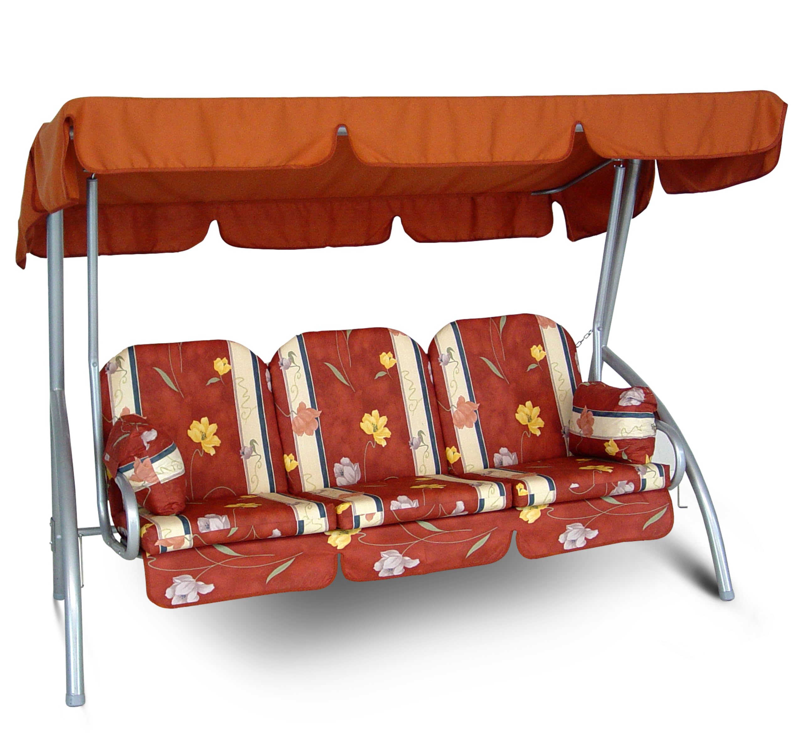 Angerer Balancelle de Jardin Deluxe 3 Places, Structure en Acier Galvanisé, Toit Réglable, Coussins Lavables, 210 x 145 x 160 cm, Capacité 270 kg, Made in Germany (Terracotta-crème à Fleurs)