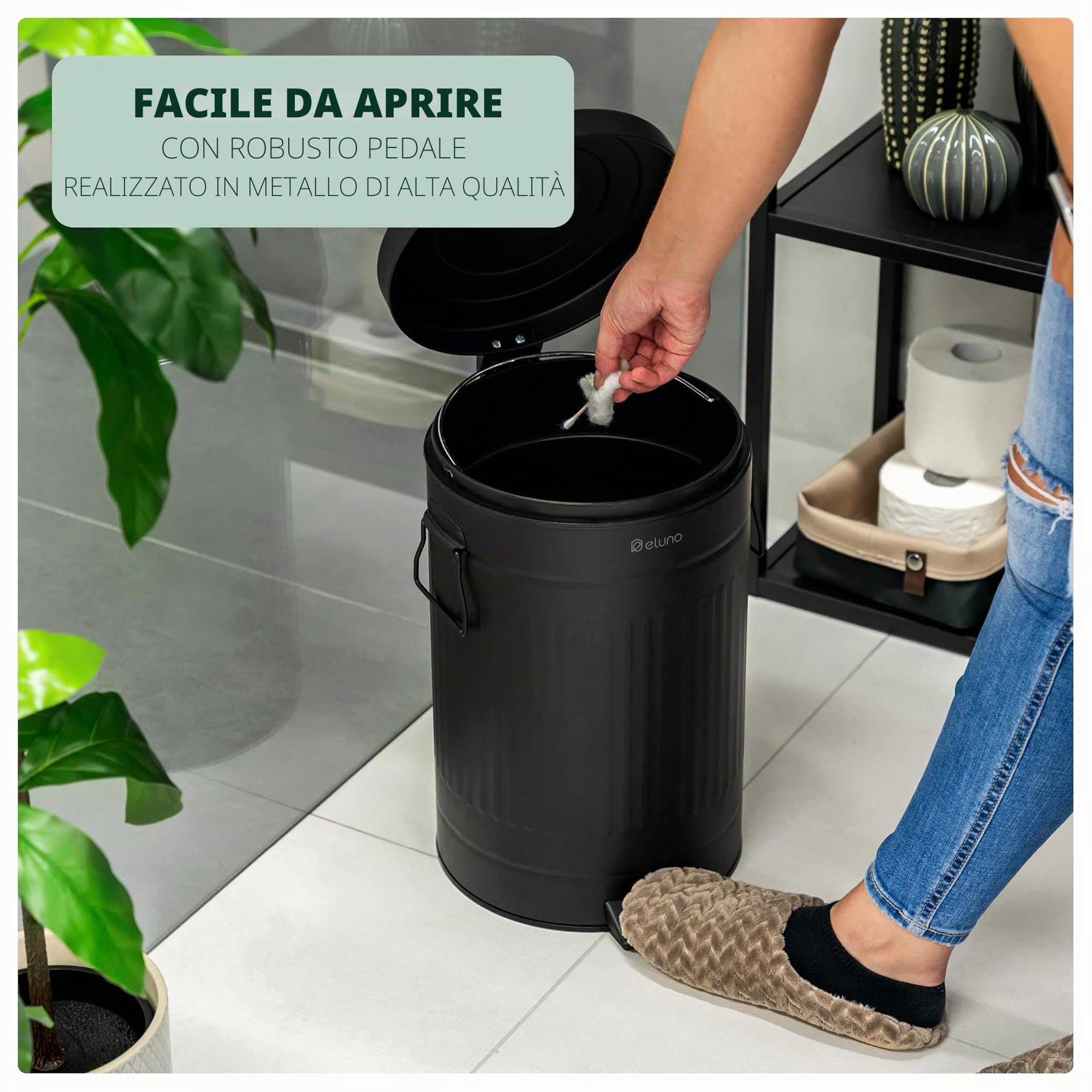 eluno Pattumiera vintage a pedale da cucina, capacit? 12 litri, con secchio interno in plastica rimovibile in metallo (nero)