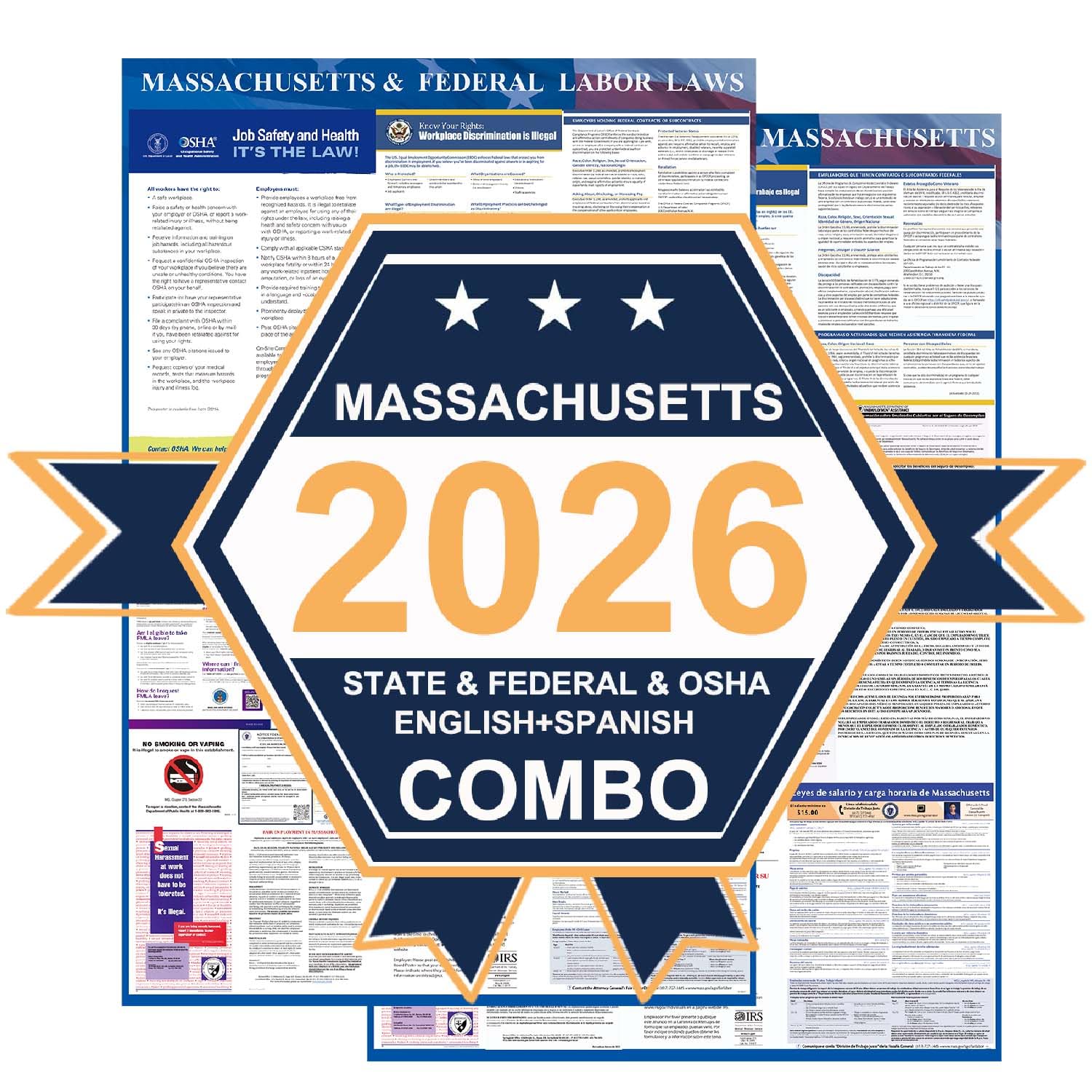 KIKIGO 2026 Massachusetts Labor Law Poster State, Federal, Osha Compliant 24" x 36" - All in One Required Posting -(English & Spanish Combo) Legal Forms
