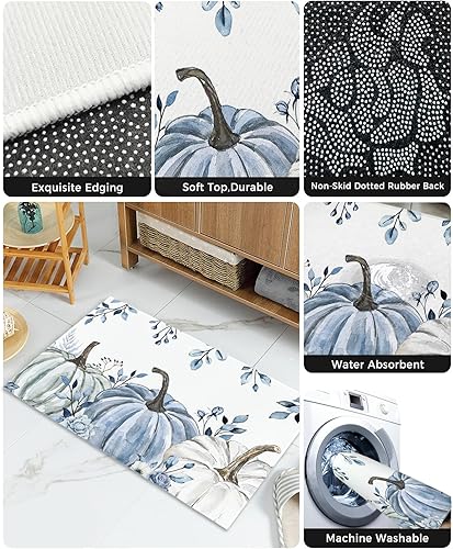 Miniatura 7 de ALAGEO Tapete de calabaza de eucalipto para otoño, tapete de bienvenida con diseño de calabaza azul, tapete de entrada, hojas de eucalipto, cosecha