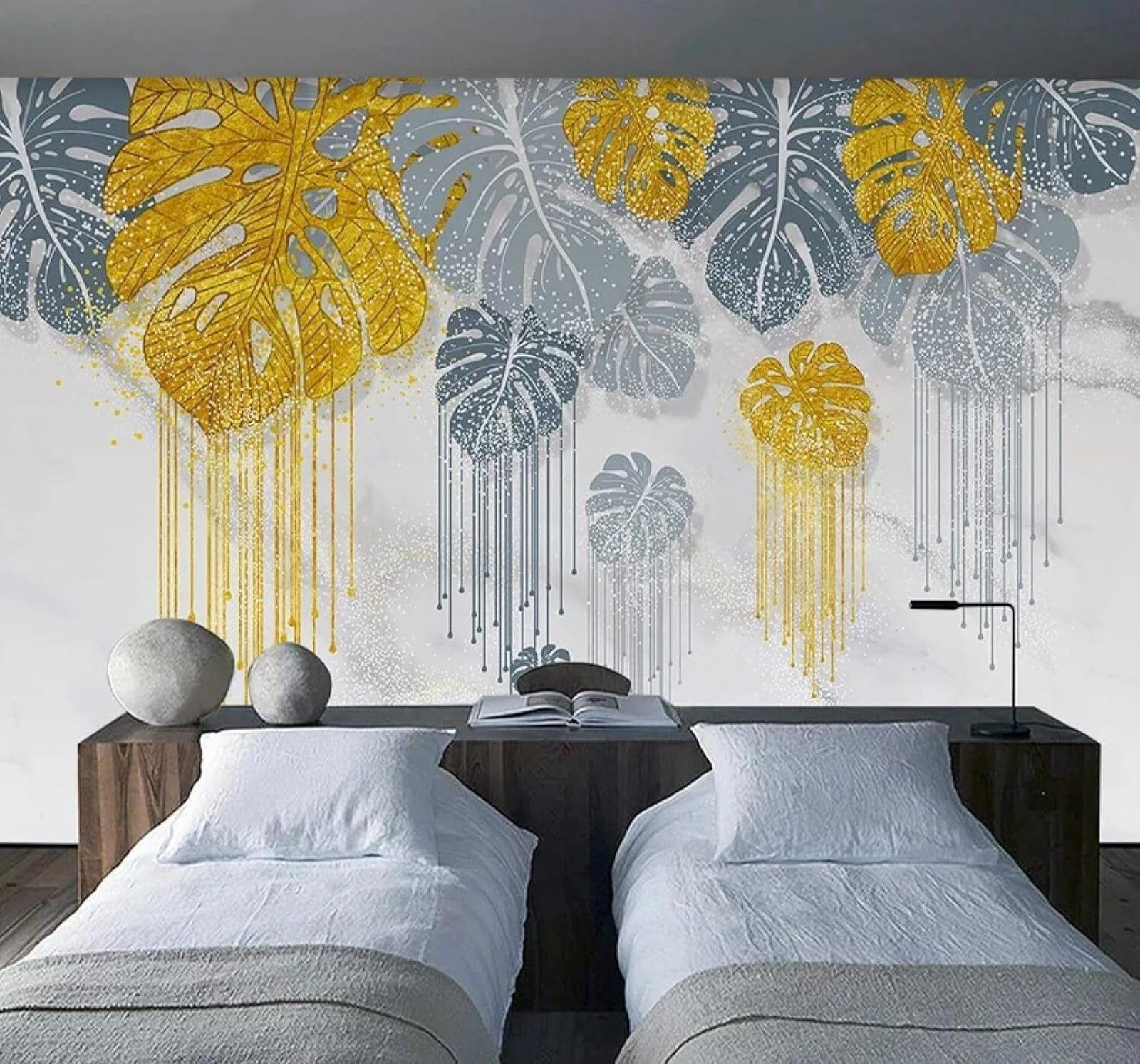 Xlming 250Cm×170Cm(B×H) Luxury Hand Painted Gilded Plants Banana Leaves 3D Wallpaper Luxury Home Dining Decor Paste Sofa Living Room The Wall For Bedroom Mural-250Cm×170Cm