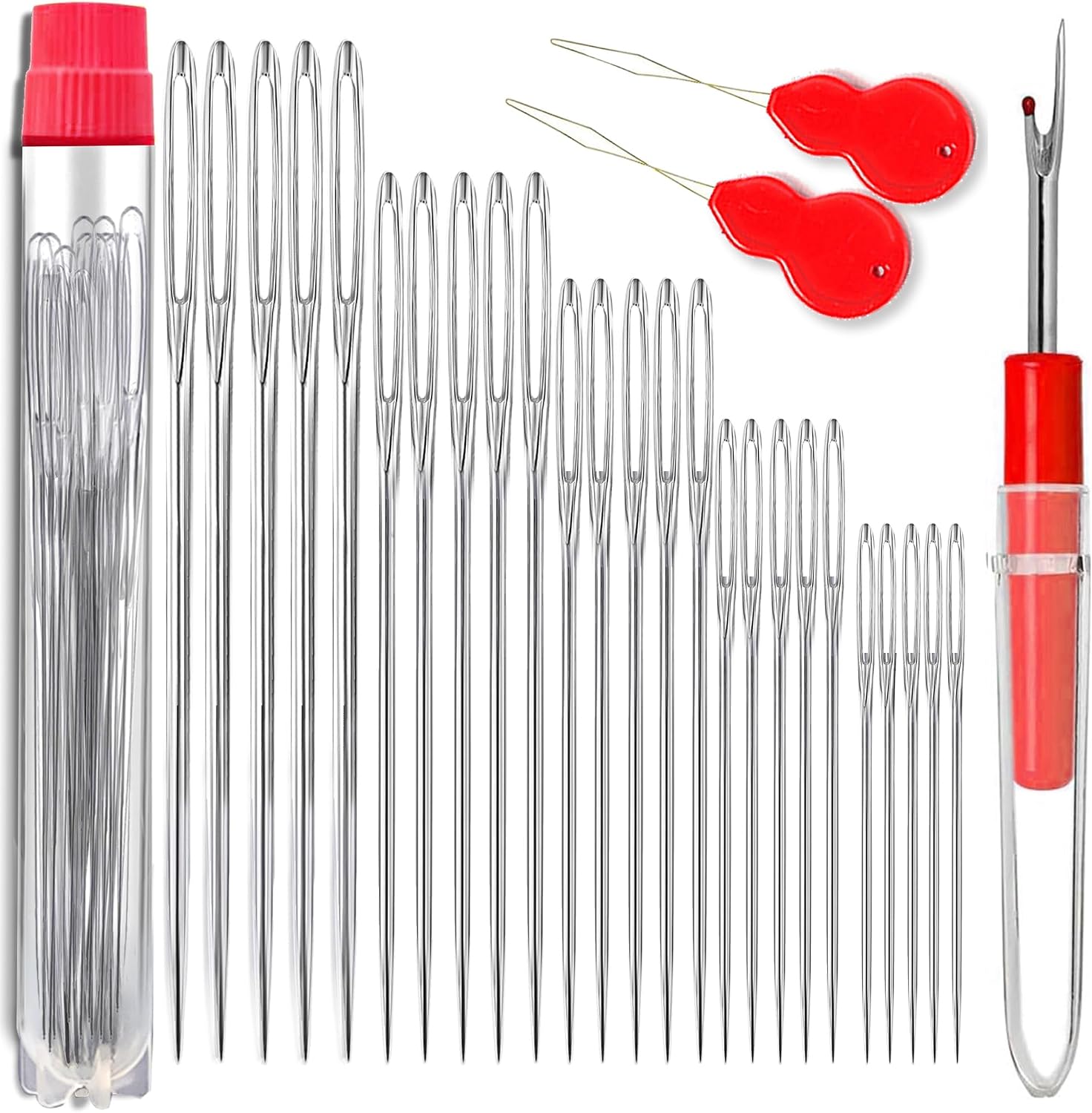 25 PCS Large Eye Sewing Needles, 5 Sizes Hand Sewing Needles, Including Embroidery - 25PCs with 2 Pcs Needle Threader and 1 Pcs Seam Ripper