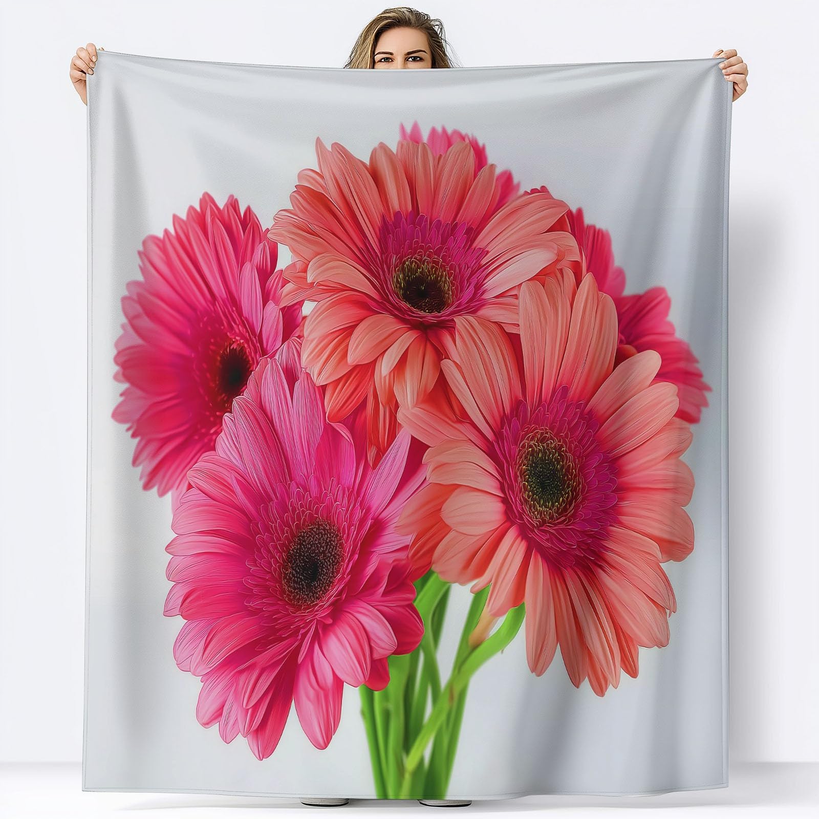 Koc polarowy roślinny Gerbera Pojedynczy koc polarowy, narzuta na sofę polarową, koc na łóżko 2-osobowe, gruby miękki i ciepły pled wysokiej jakości, 220 x 240 cm Biały