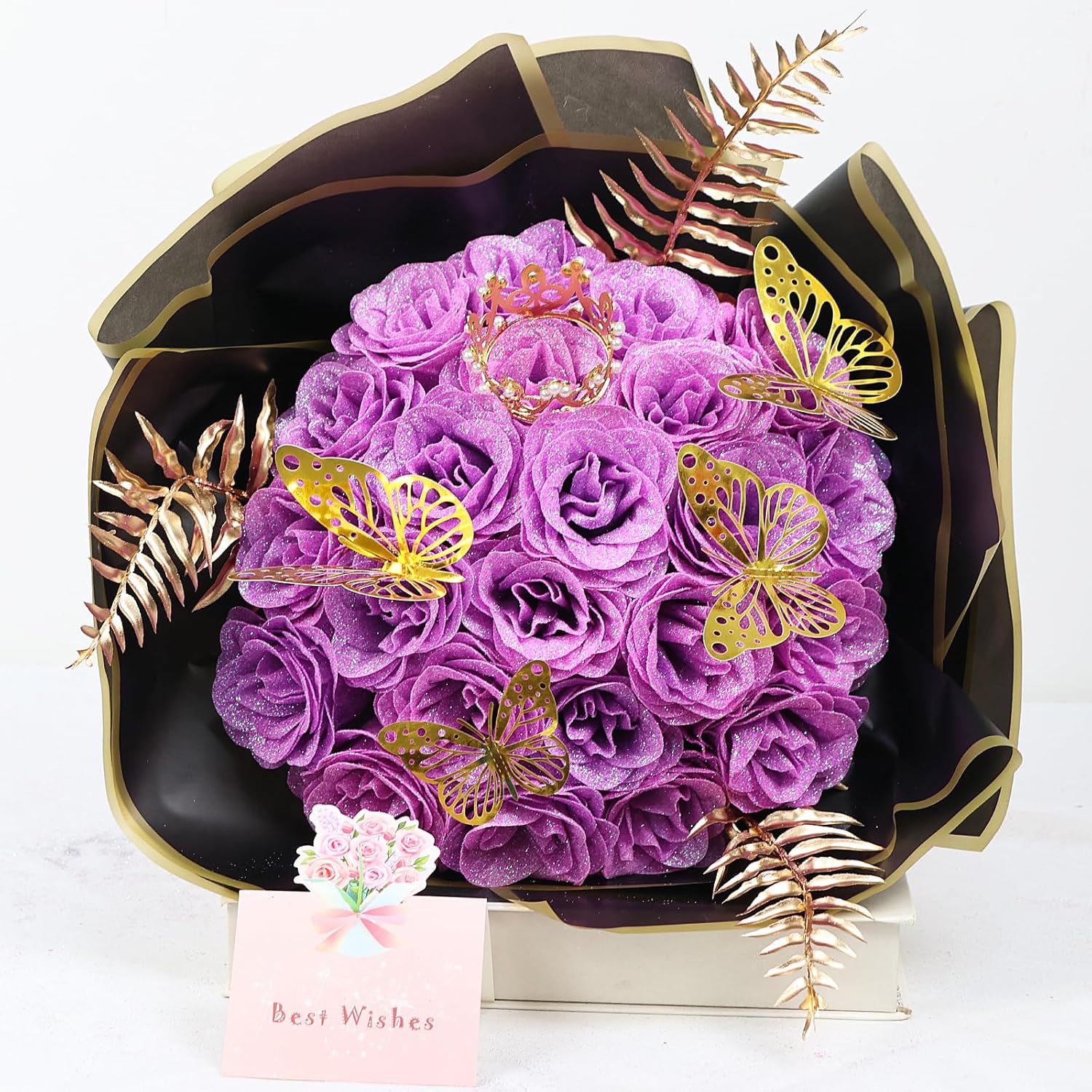 DIY Glitter Roses Bouquet 24Pcs - Light Purple Artificial Glitter Rose with Stems Wrapping Paper 3D Butterflies Crowns for Mother's Day Graduations Anniversary Birthday Wedding Bouquets,for Her - Image 5