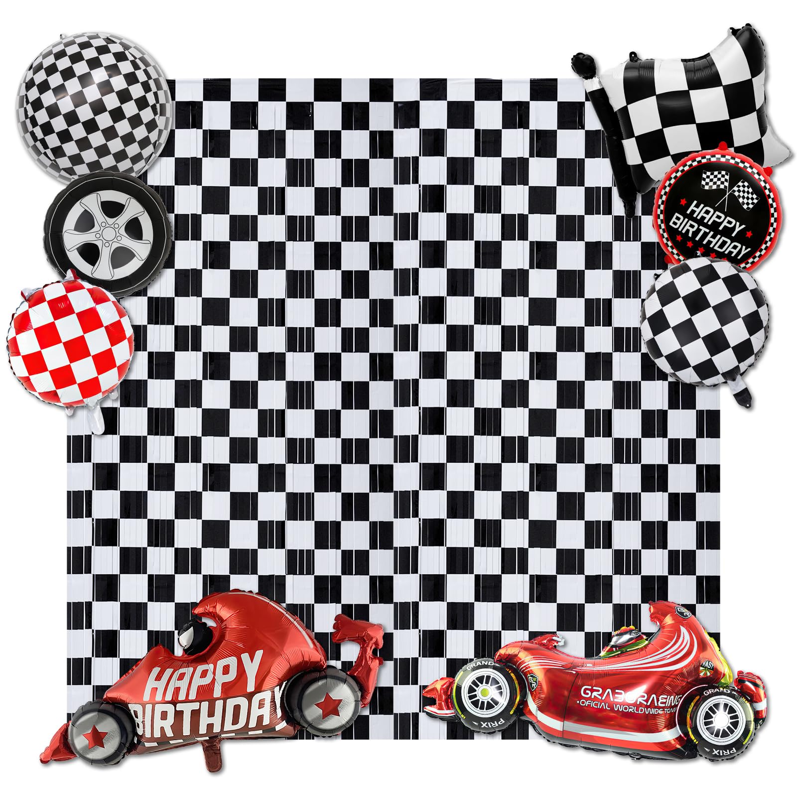 Racing Car Birthday Party Supplies, Include Racing Car Foil Balloons, Black and White Stripes Foil Fringe Curtains for Racing Car Party Decorations