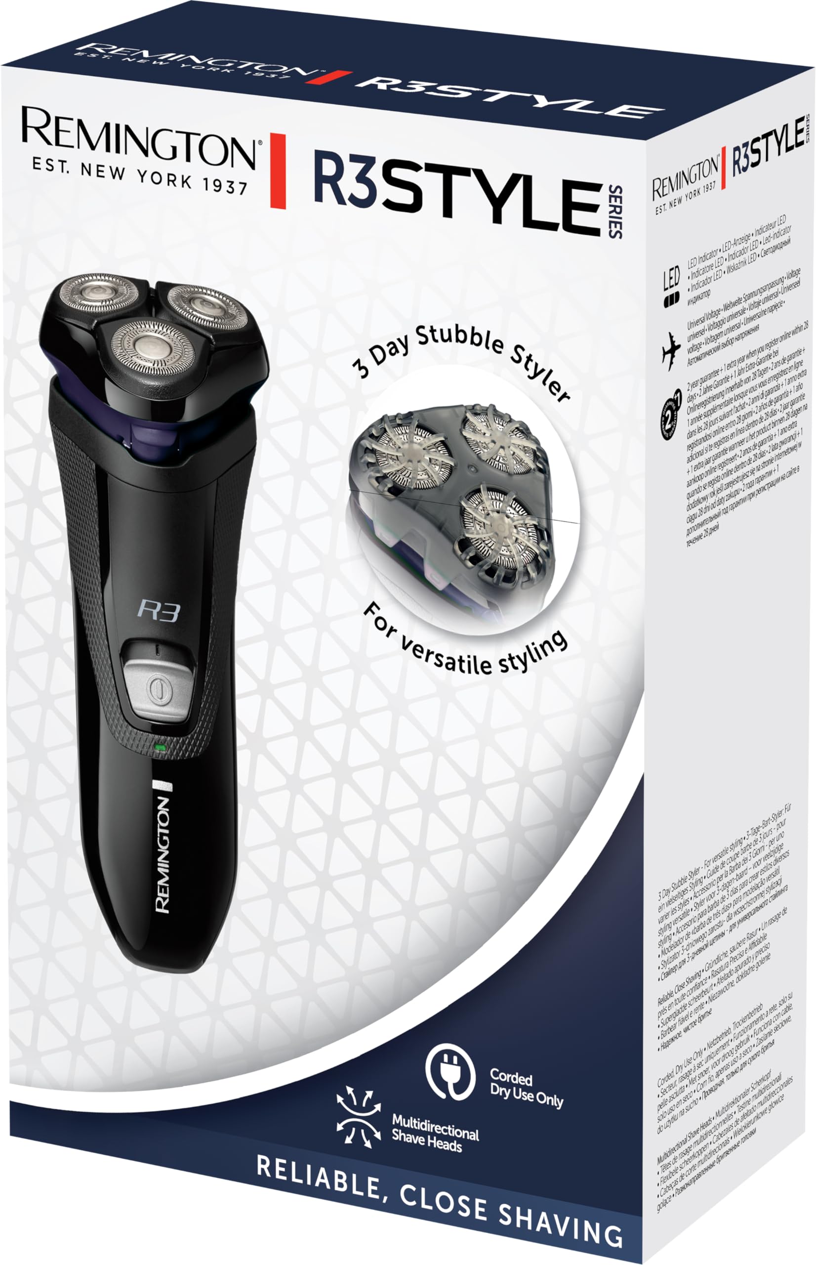 Remington Rasoir Électrique [Rasage à Sec] R3 (Utilisation sur Secteur, Têtes Rotatives 360°, Tondeuse Précision Rétractable Comforttrim + Guide Coupe de Barbe de 3 Jours, Ergonomique) Tondeuse R3002