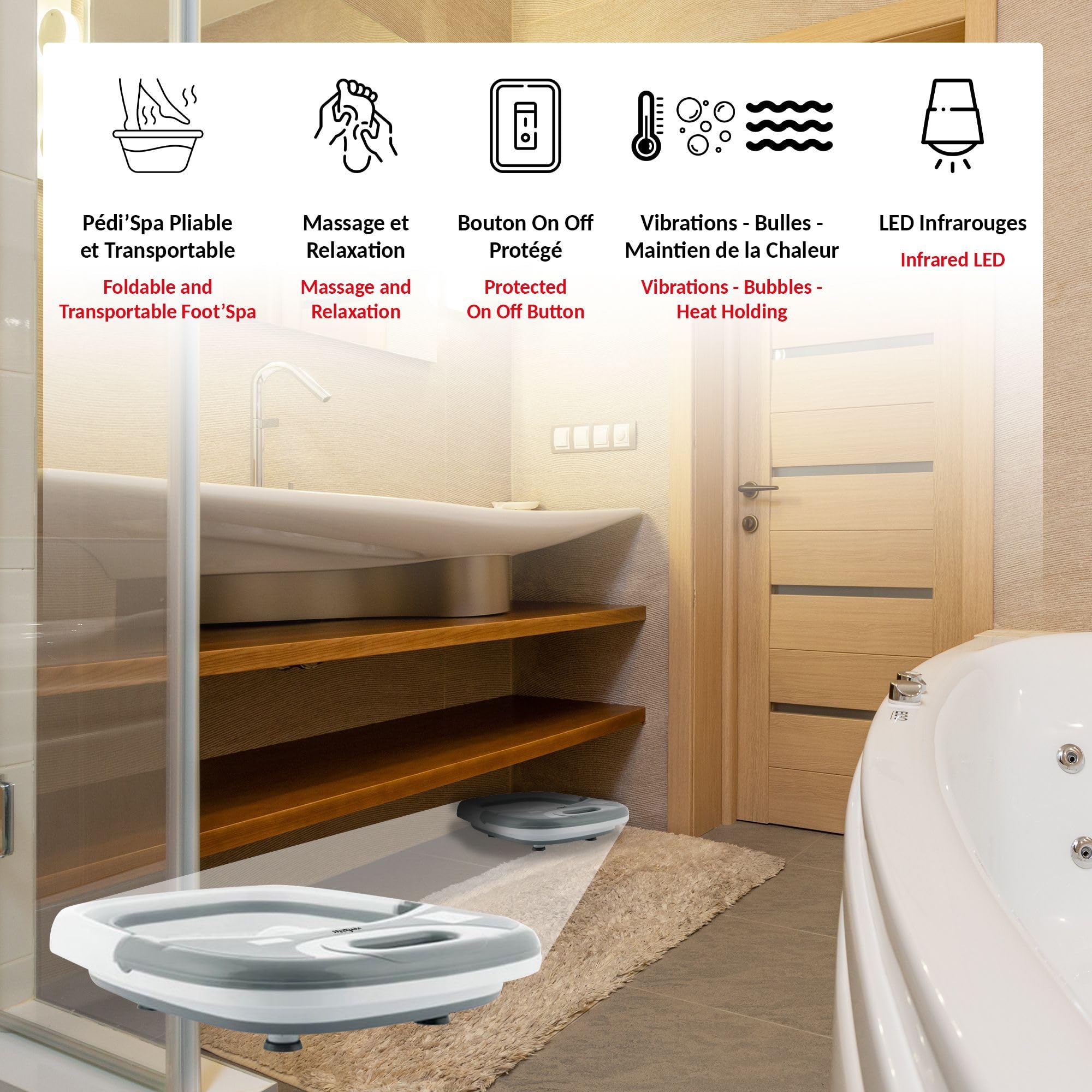 Pediluvio, vasca idromassaggio SPA - Bagno di bolle per il massaggio dei piedi - Calore 45° - Balneoterapia 3 modalità: massaggio, vibrazione, bolle - pieghevole - bianco e grigio