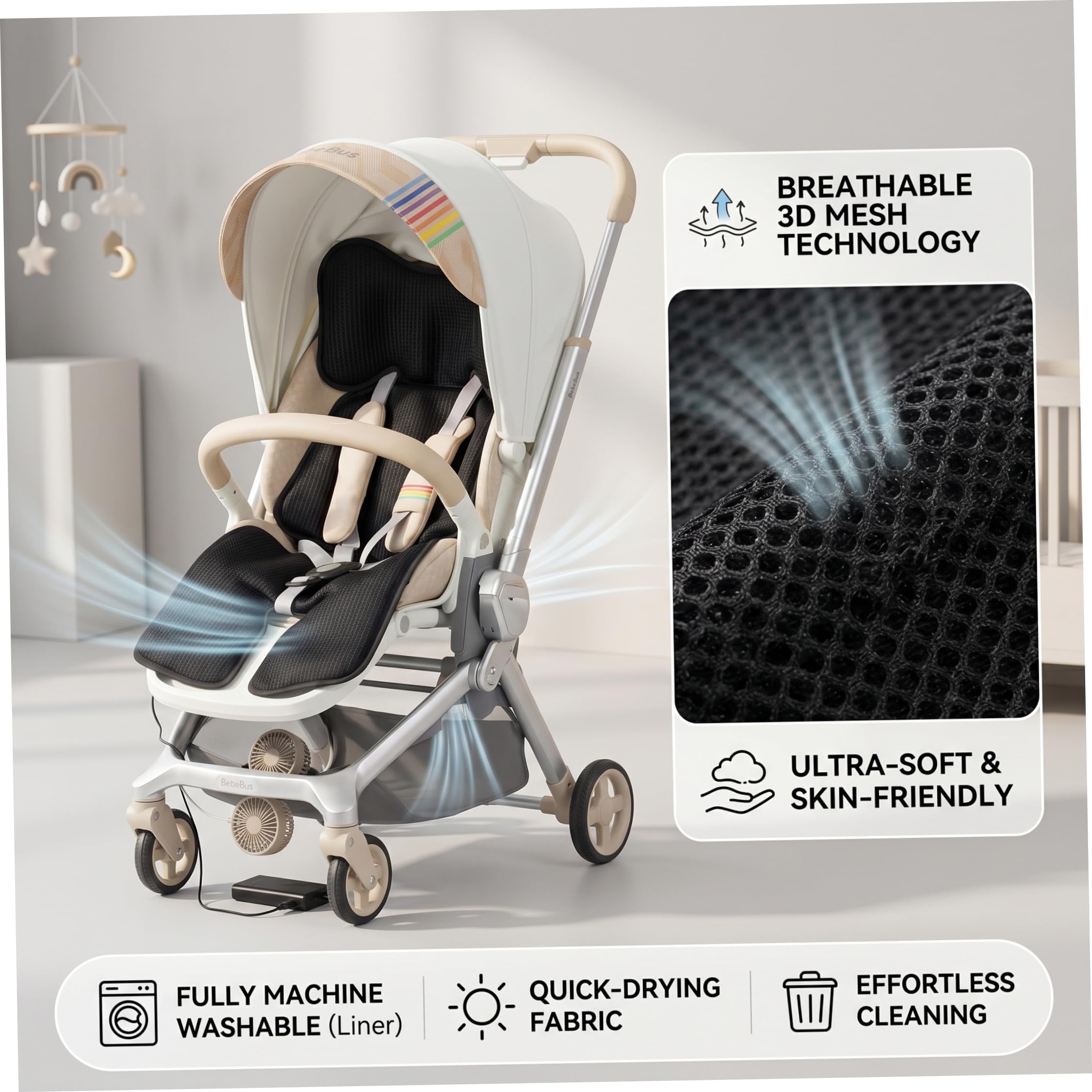 Tappetino di raffreddamento per passeggino, 32 × 15 pollici Tappetino di raffreddamento per bambini 3 velocità e 4 ventilatore incorporato Cuscino di ventilazione alimentato tramite USB Elementi