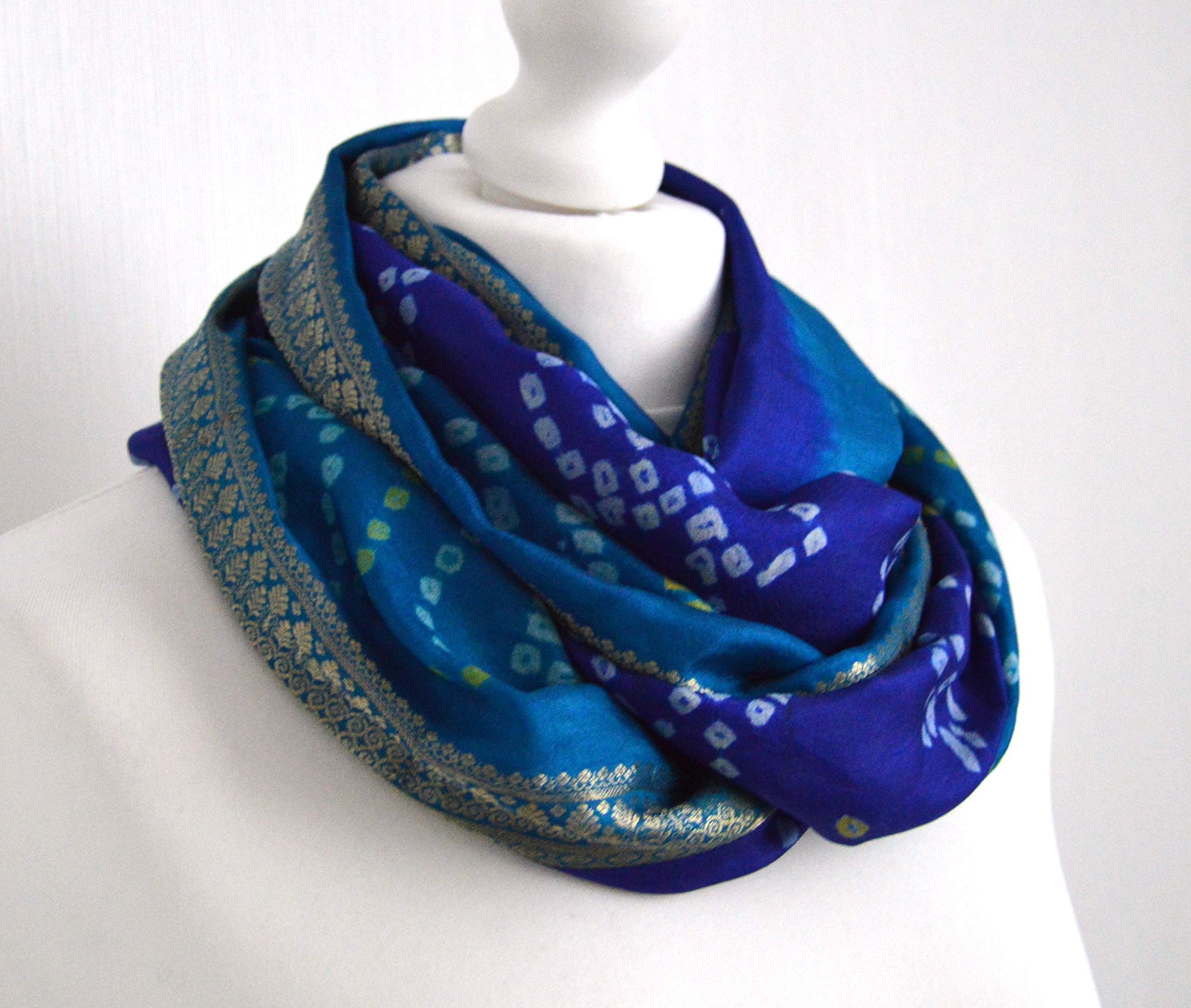 Royal Blue Turquoise Gold Sari Silk Scarf