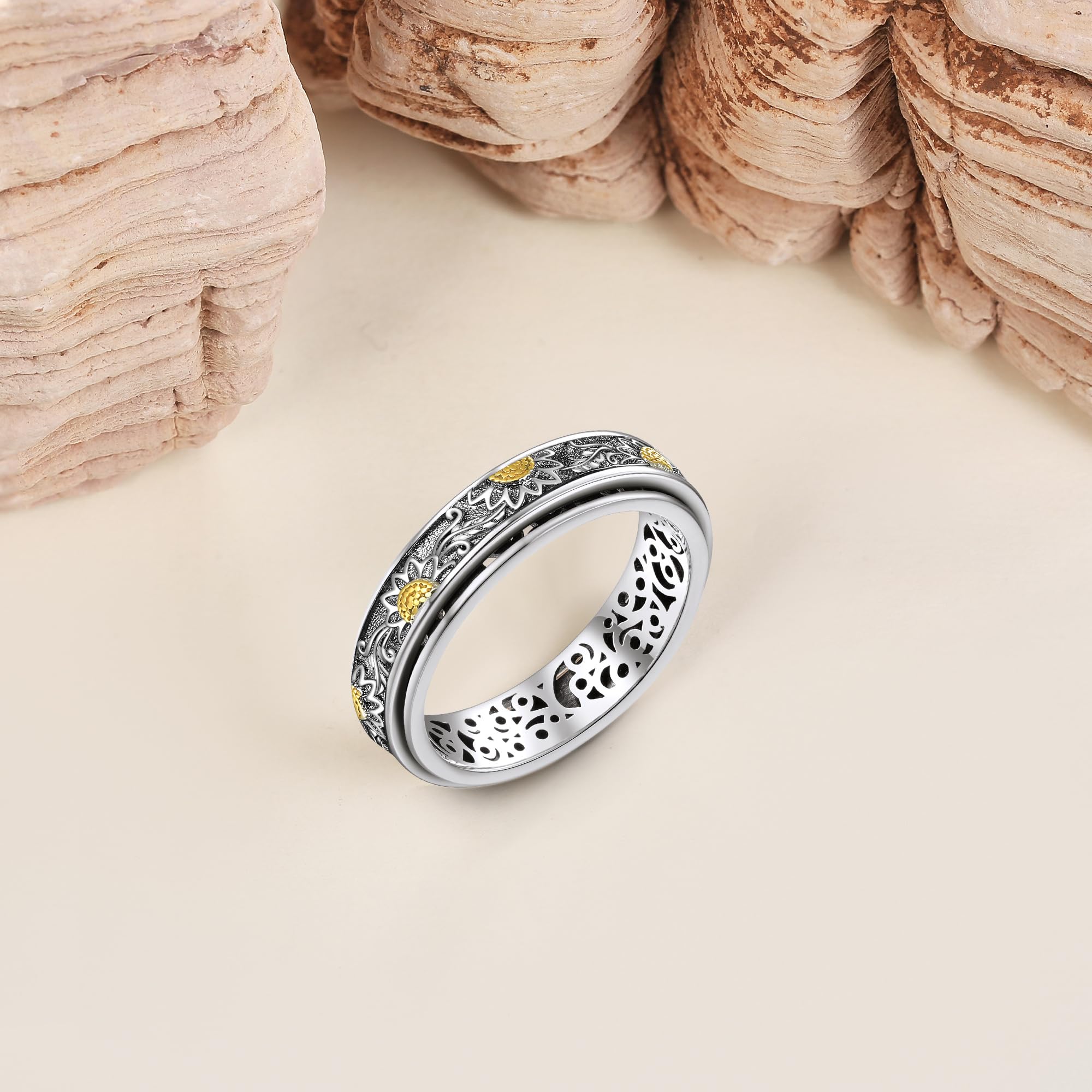 Anillo giratorio de girasol de plata de ley con flores para aliviar el estrés para mujeres, regalo para mujeres
