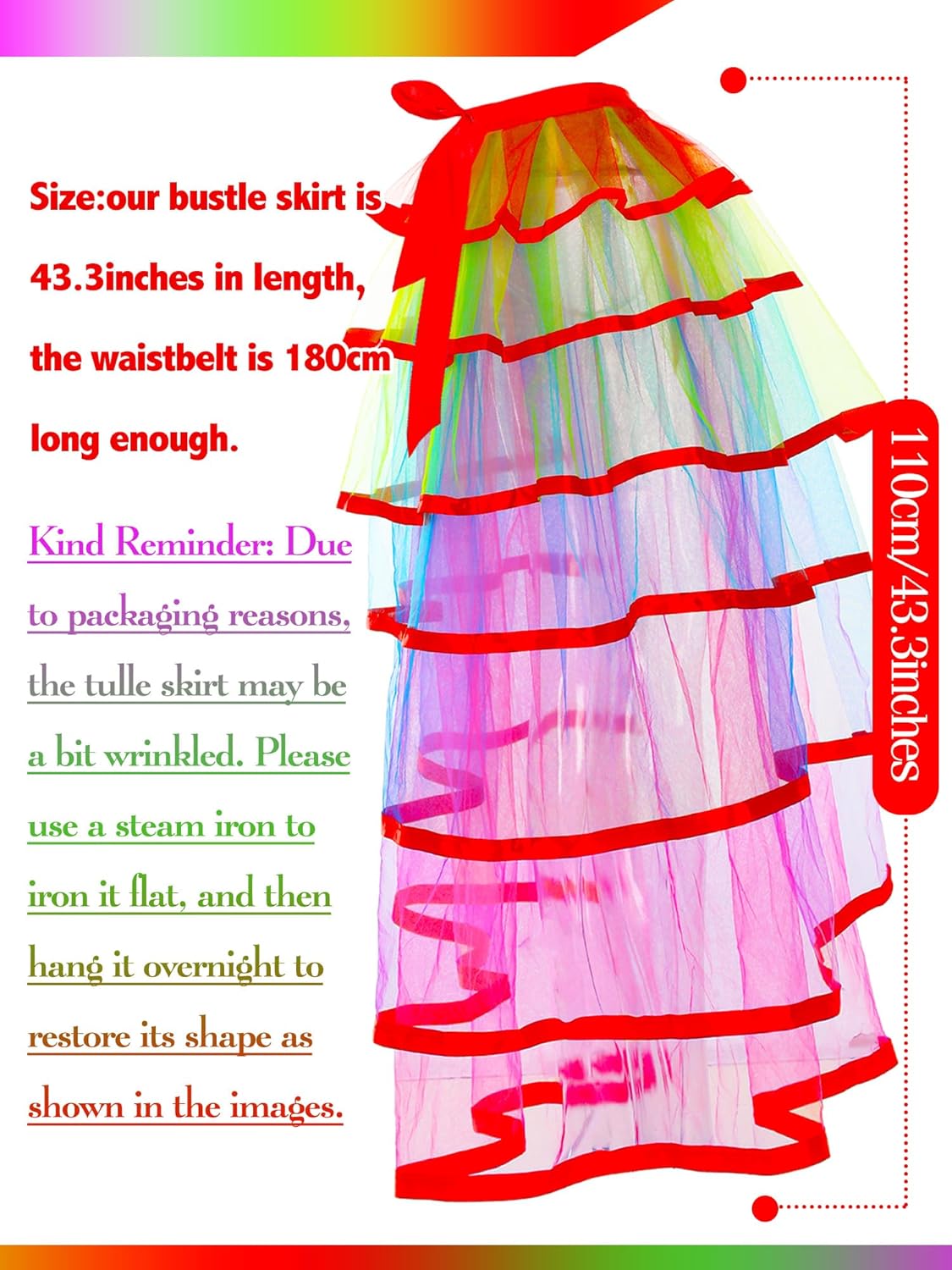 Rainbow Steampunk Bustle Skirt 7 Layered Tulle Tutu Skirt for Women Overskirt with Ruffle Tiered for Cosplay Costume - Image 4