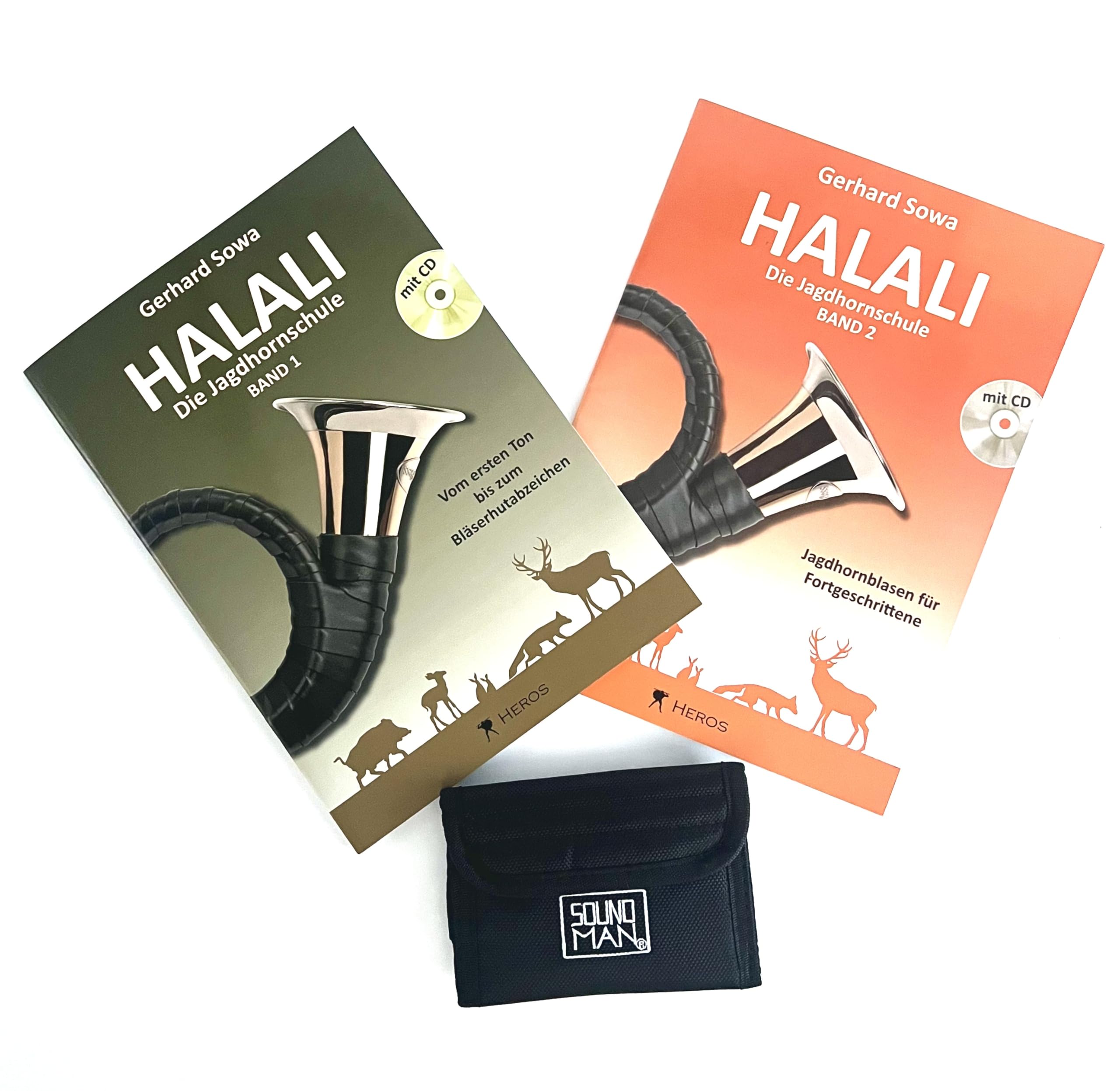 Halali - Die Jagdhornschule Band 1 u. 2 von Gerhard Sowa ISBN 9783940297006 u. 9783940297099 + Soundman Mundstücktasche für Jagdhorn (Starterset)