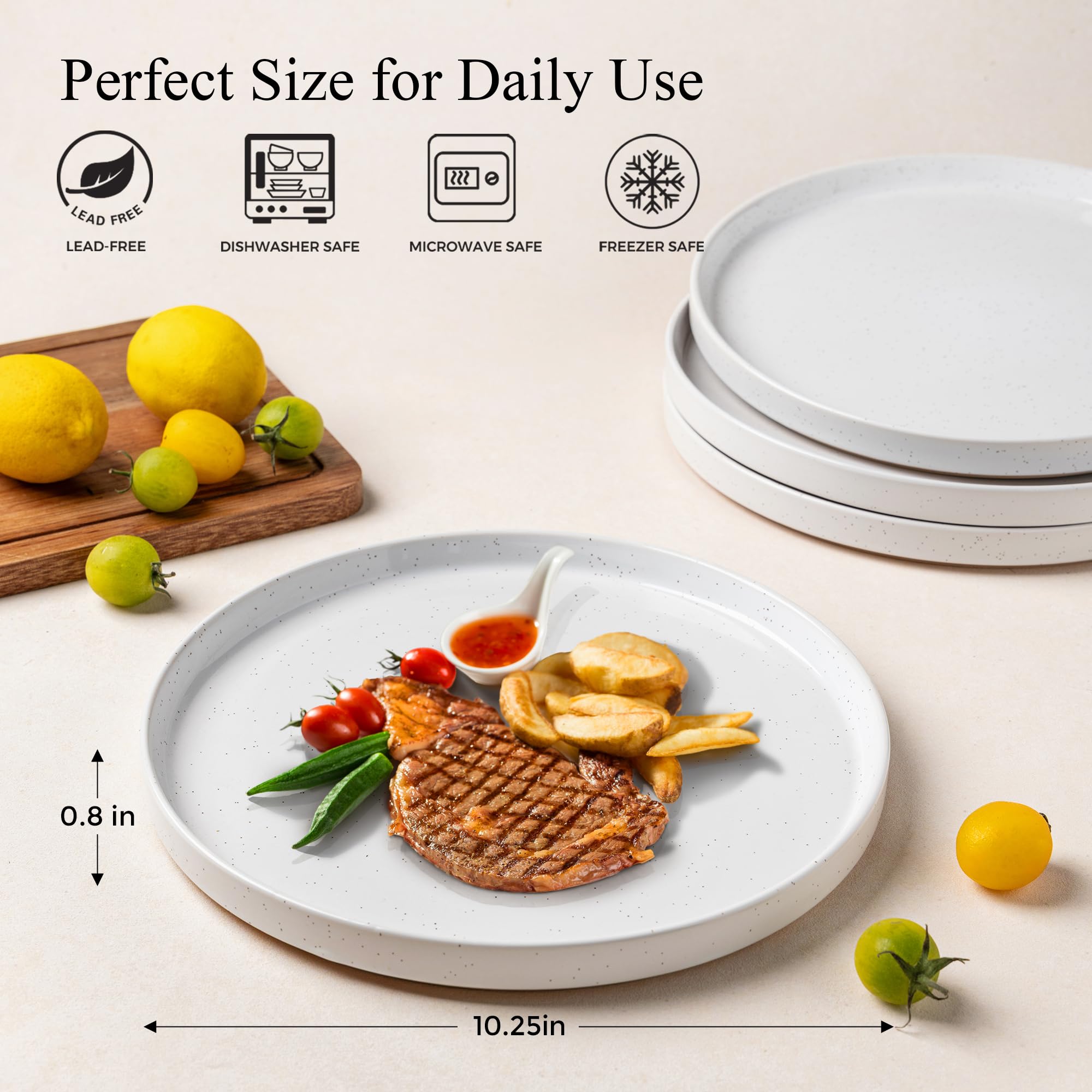AmorArc Juego de 6 platos de cerámica moteados de 10.25 pulgadas con parte inferior de terracota rústica pintada a mano, juego de vajilla moderno para cocina, microondas y lavavajillas, color blanco